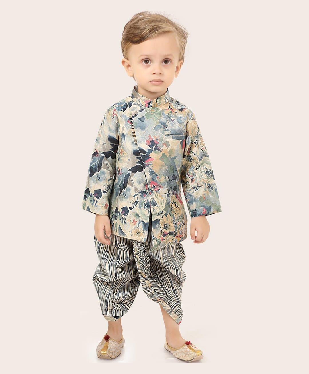 ETHNIKS NEURON Silk Woven Full Sleeves Floral Printed Dhoti Kurta Set - Grey-image-33