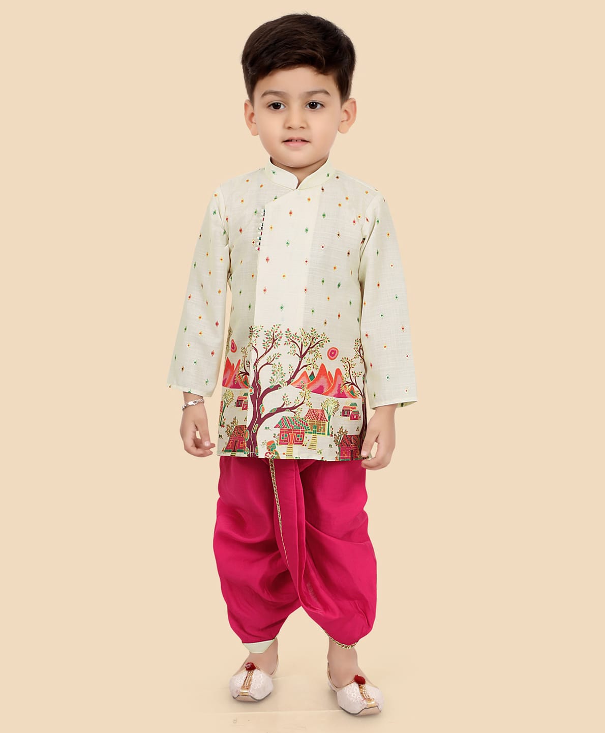 ETHNIKS NEURON Silk Woven Full Sleeves Village Scene Printed Dhoti Kurta Set - Multi Colour-image-18