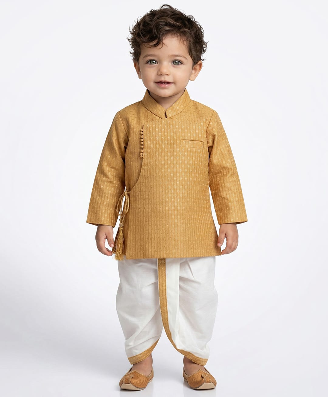 ETHNIKS NEURON Silk Woven Full Sleeves Tie Up Detailed Striped Dhoti Kurta Set - Mustard-image-37