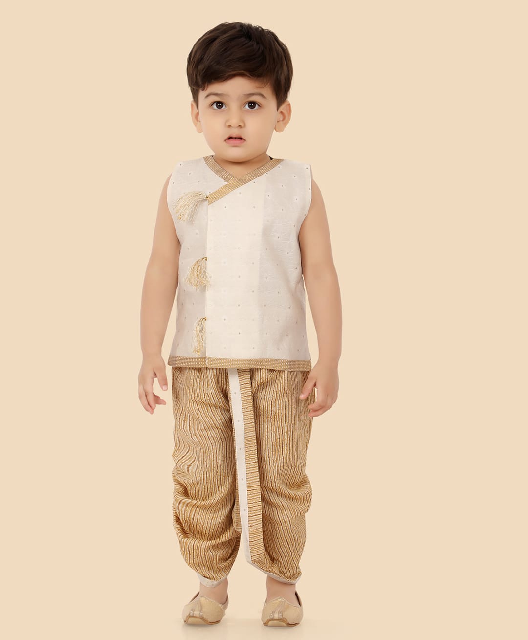 ETHNIKS NEURON Silk Woven Sleeveless Sequin Embellished Tassel & Trim Detailed Dhoti Kurta Set - Beige-image-35