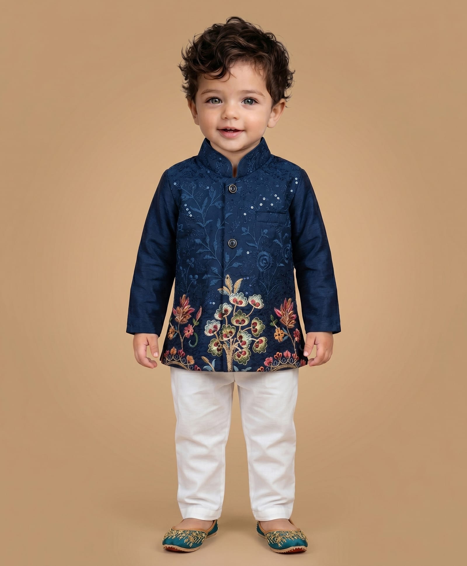 ETHNIKS NEURON Silk Woven Full Sleeves Floral Embroidered Kurta Pyjama Set - Green-image-45