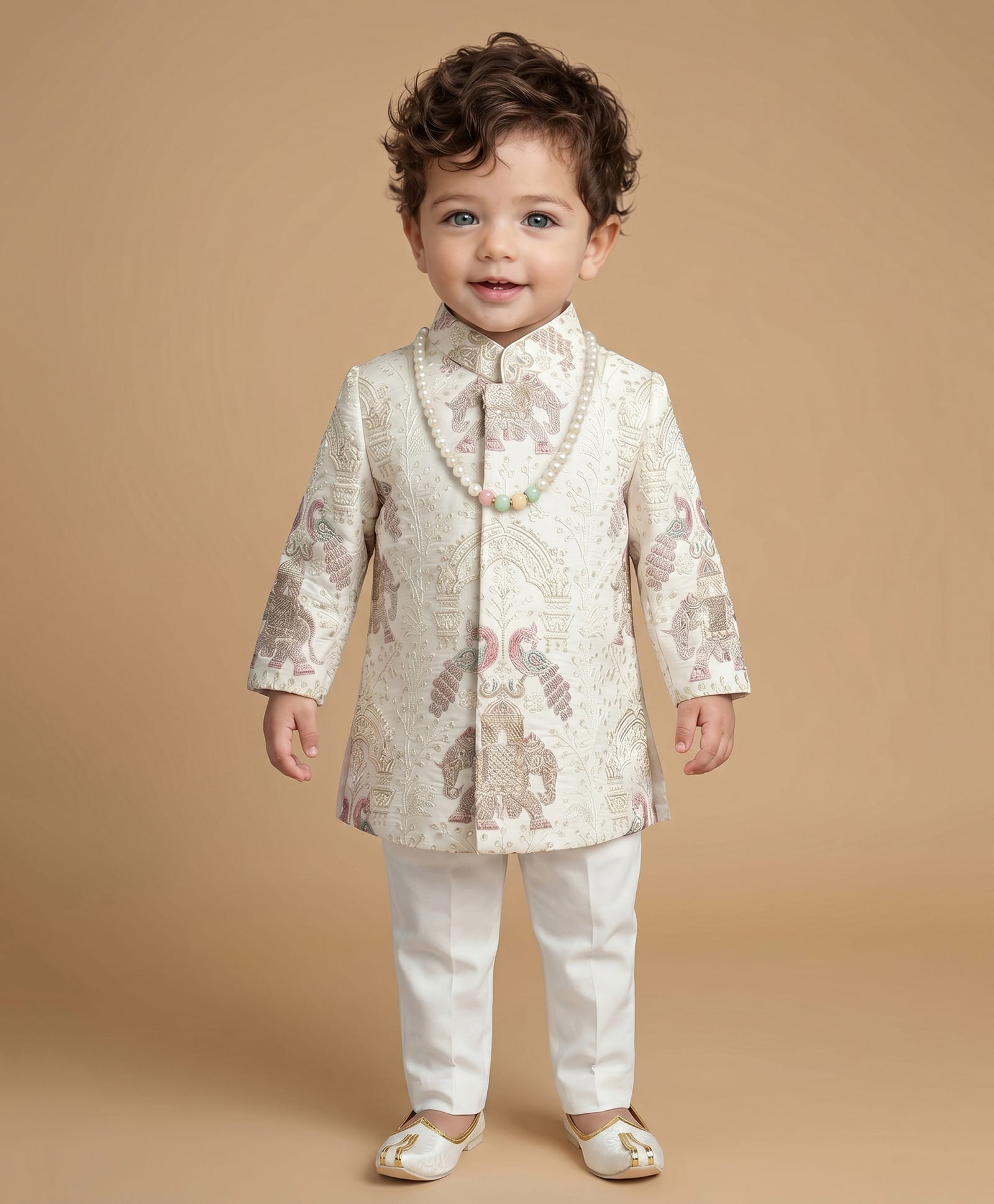 ETHNIKS NEURON Silk Woven Full Sleeves Peacock & Elephant Embroidered Kurta Pyjama Set - Cream-picture-11