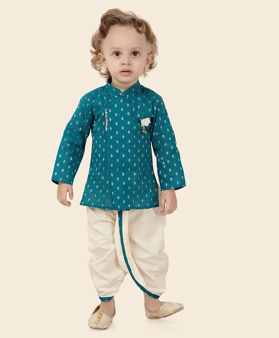 ETHNIKS NEURON Silk Woven Full Sleeves Geometric Printed & Floral Applique Detailed Kurta Pyjama Set - Sea Green-picture-11