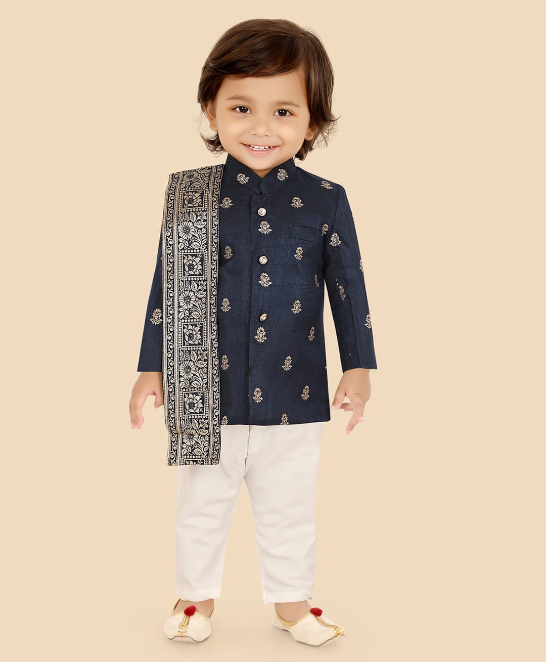 ETHNIKS NEURON Silk Woven Full Sleeves Floral Motif Printed Kurta Pyjama Set With Embroidered Dupatta - Navy Blue-image-5