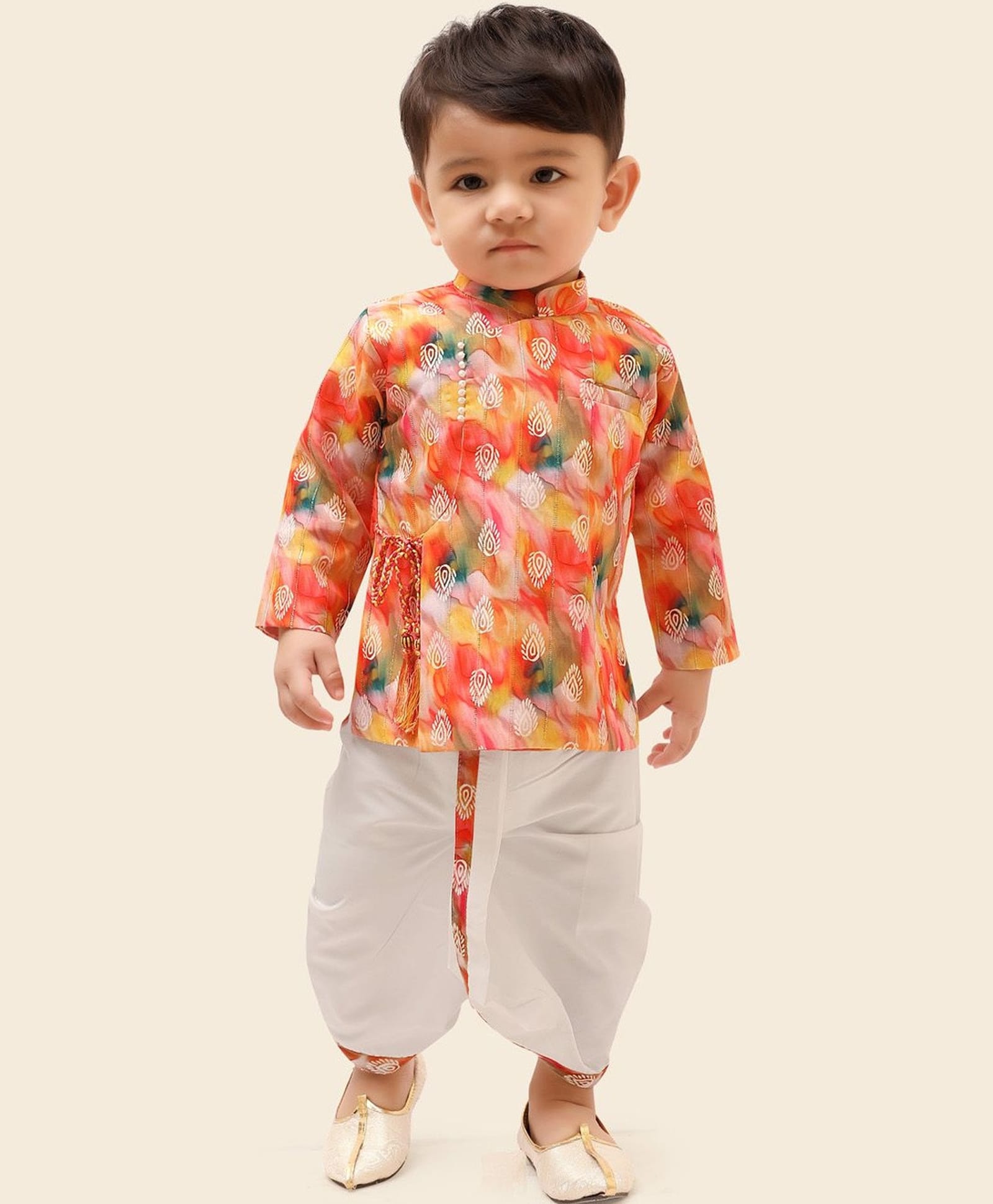 little desi Silk Woven Full Sleeves Feathers Printed Side Tie Up Detailed Kurta & Dhoti Set - Multi Colour-image-17