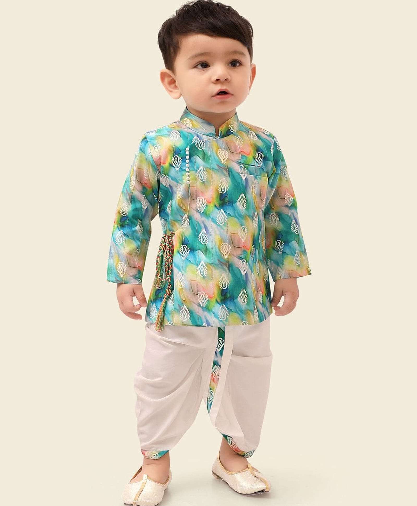 little desi Silk Woven Full Sleeves Feathers Printed Side Tie Up Detailed Kurta & Dhoti Set - Multi Colour-picture-26