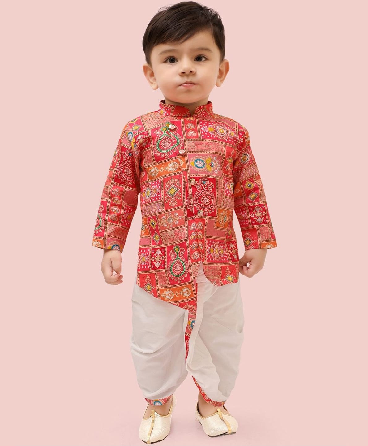 little desi Silk Woven Full Sleeves Patola Printed Kurta & Dhoti Set - Red-picture-27