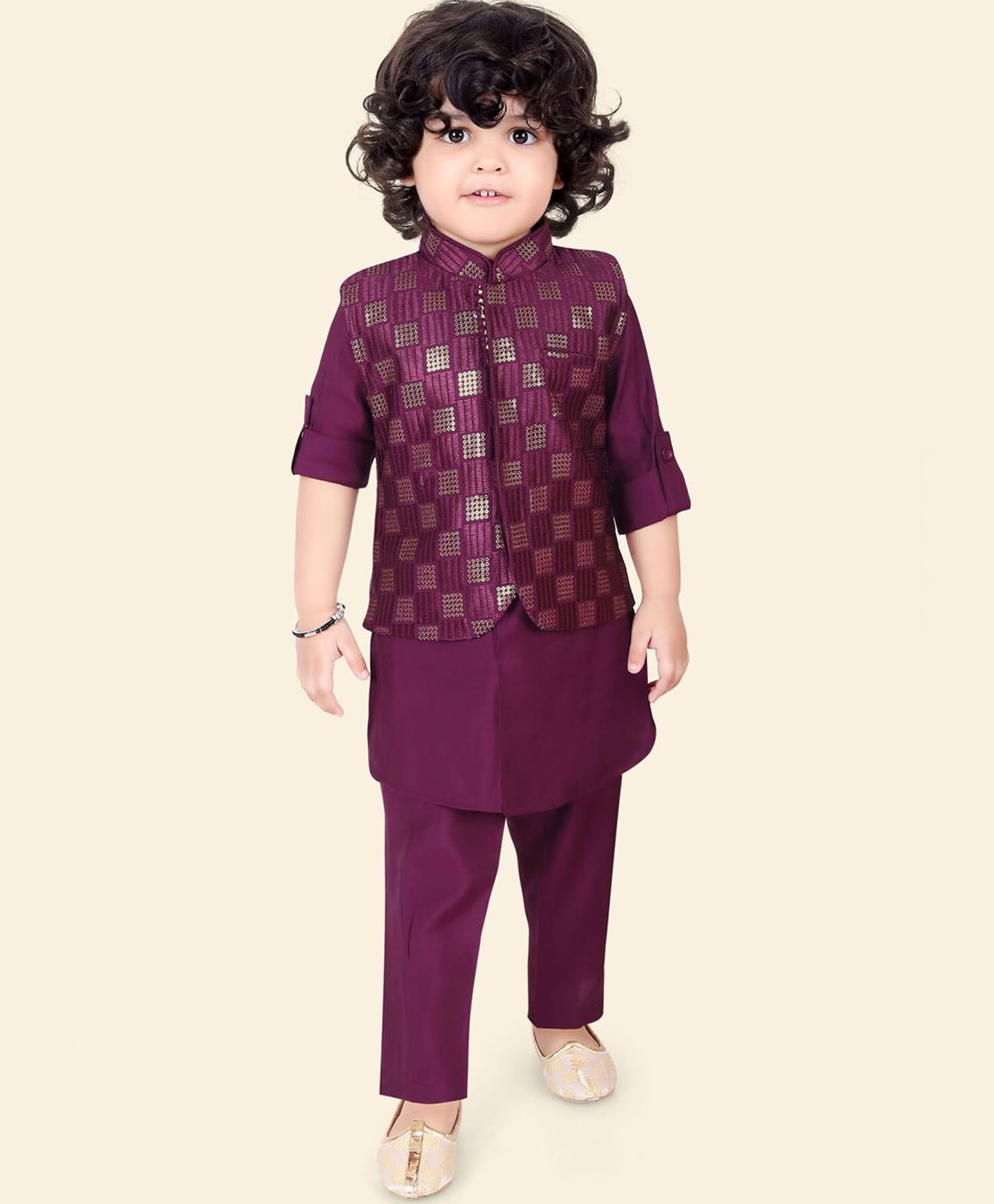 little desi Cotton Silk Woven Full Sleeves Solid Kurta & Pant Set With Sequin Embellished Jacket - Maroon-picture-38