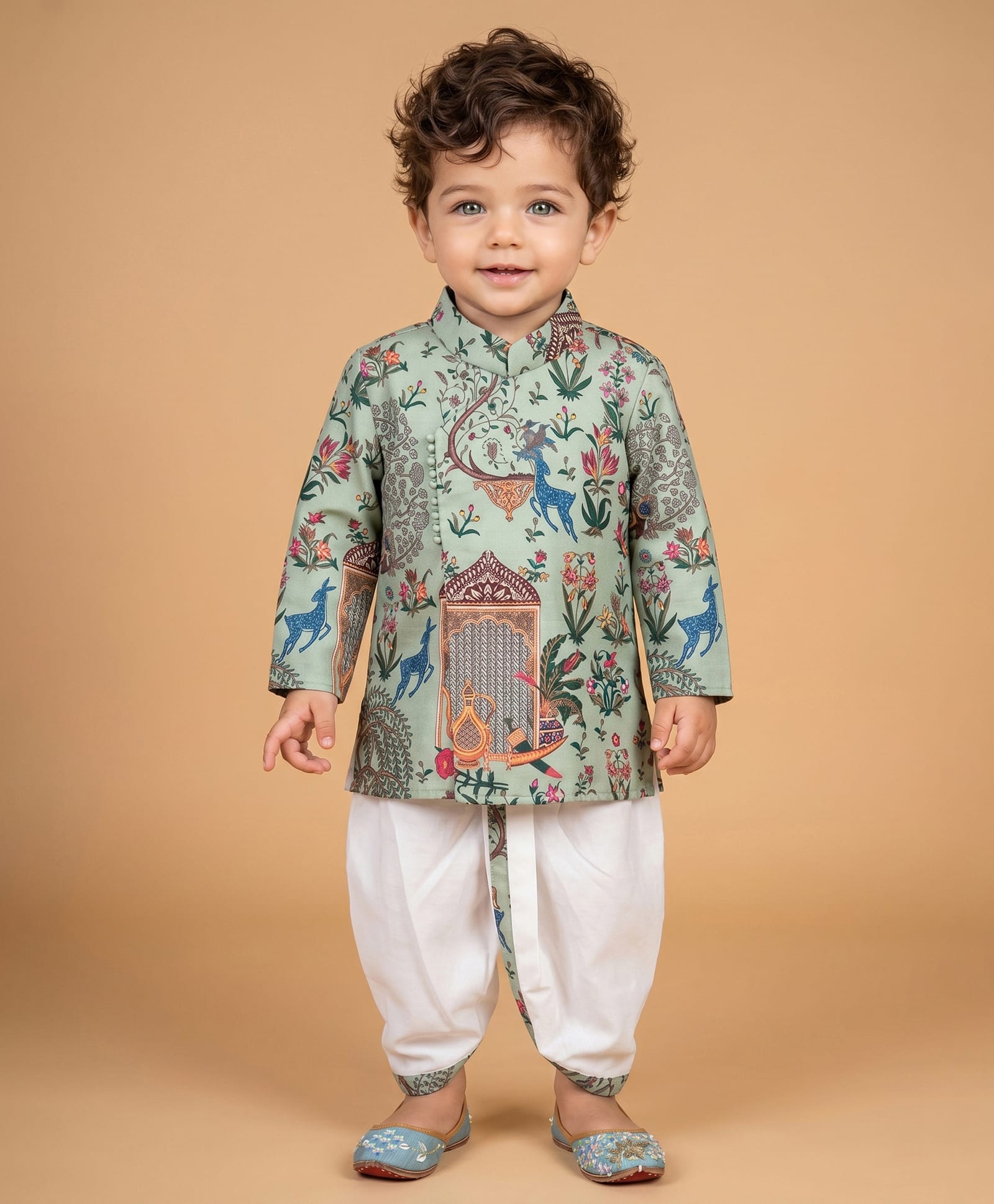 ETHNIKS NEURON SilkWoven Full Sleeves Floral & Deer Printed Kurta Pyjama Set - Green-image-8