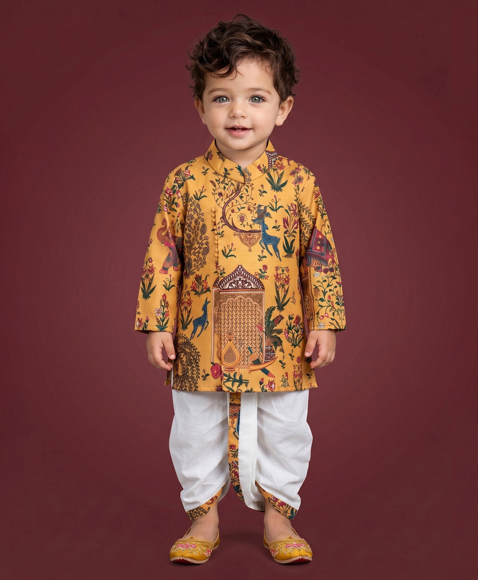 ETHNIKS NEURON SilkWoven Full Sleeves Floral & Deer Printed Kurta Pyjama Set - Mustard-image-28