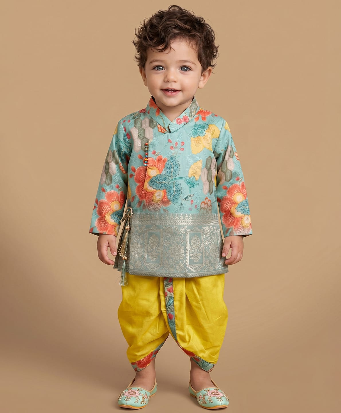 ETHNIKS NEURON Cotton Blend Woven Full Sleeves Floral Printed Dhoti Kurta Set - Green-picture-11