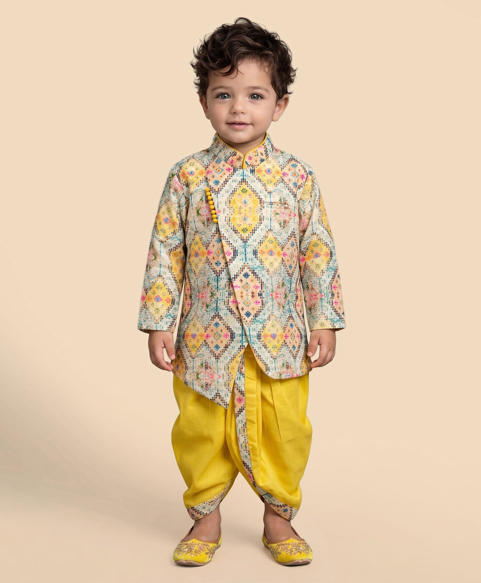 ETHNIKS NEURON Cotton Woven Full Sleeves Geometric Printed Dhoti Kurta Set - Gold-image-37