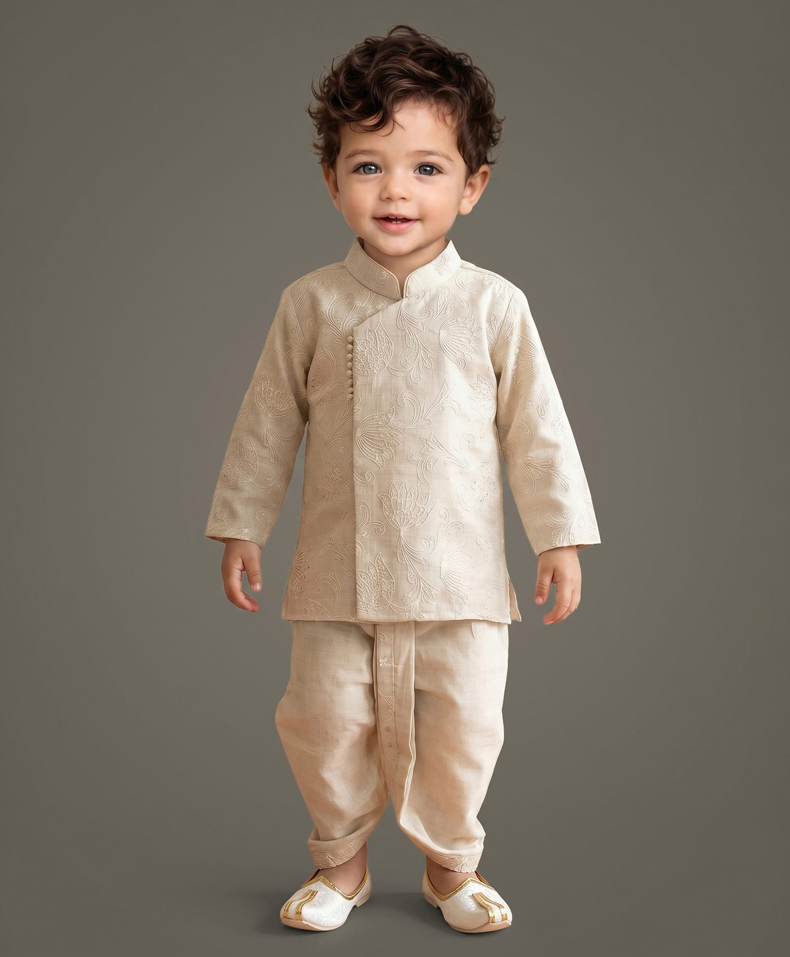 ETHNIKS NEURON Cotton Blend Woven Full Sleeves Floral Embroidered Dhoti Kurta Set - Beige-image-7