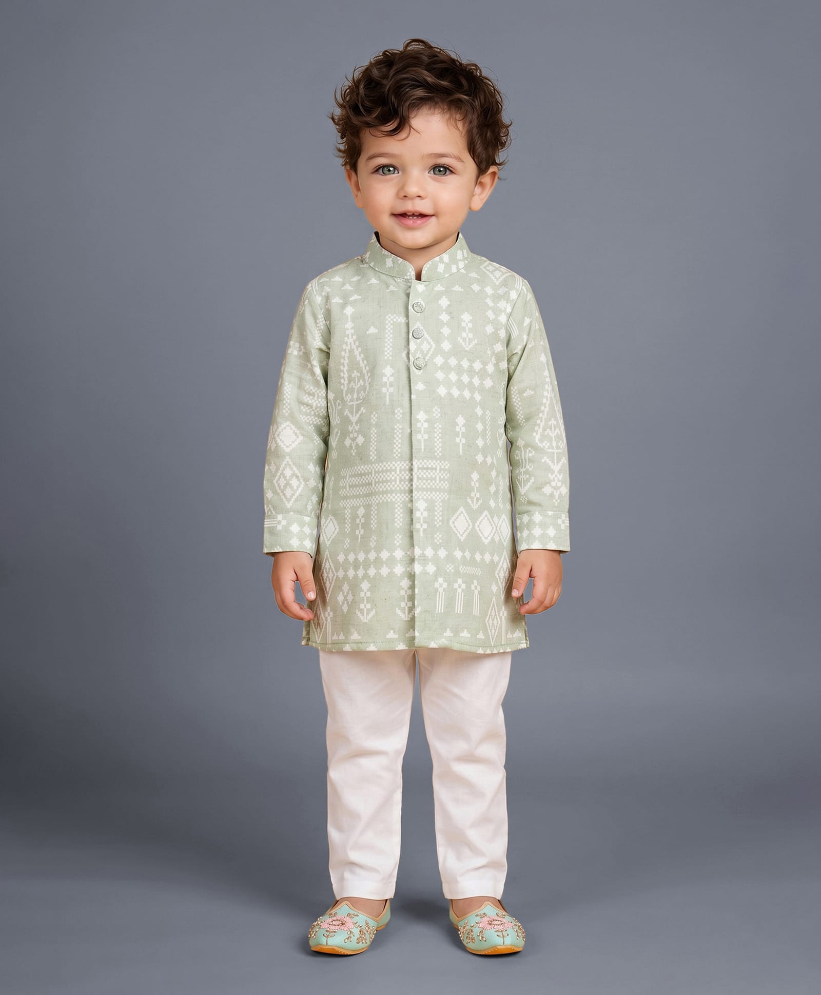 ETHNIKS NEURON Cotton Woven Full Sleeves Geometric Printed Kurta Pyjama Set - Green-image-21