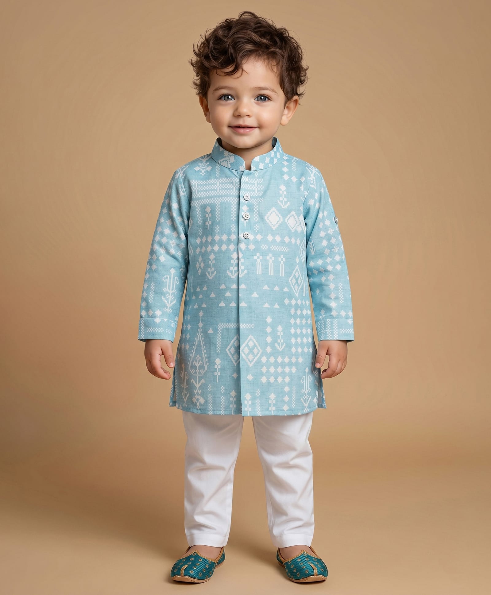 ETHNIKS NEURON Cotton Woven Full Sleeves Geometric Printed Kurta Pyjama Set - Blue-image-25