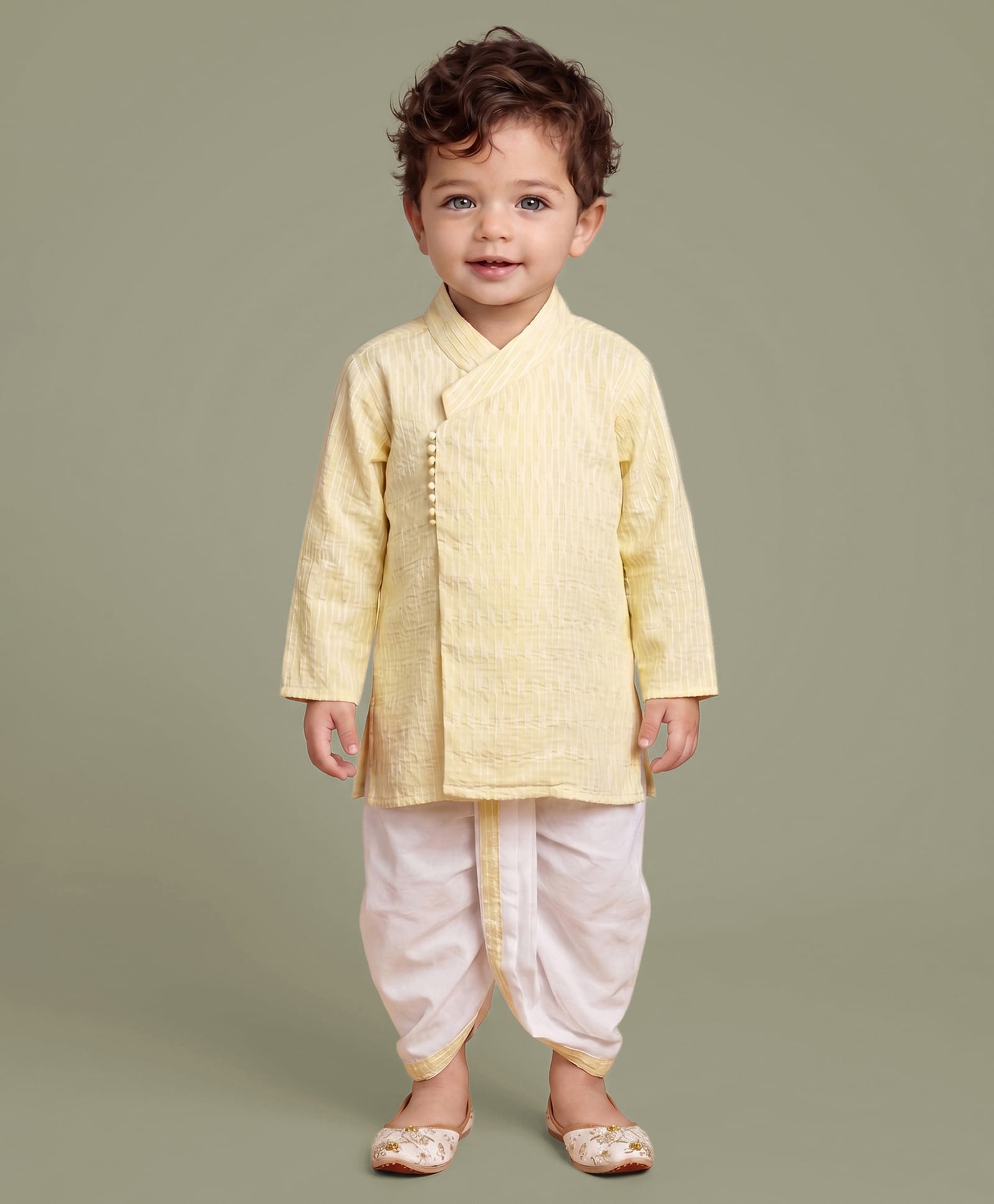 ETHNIKS NEURON Cotton Woven Full Sleeves Striped Dhoti Kurta Set - Yellow-image-17