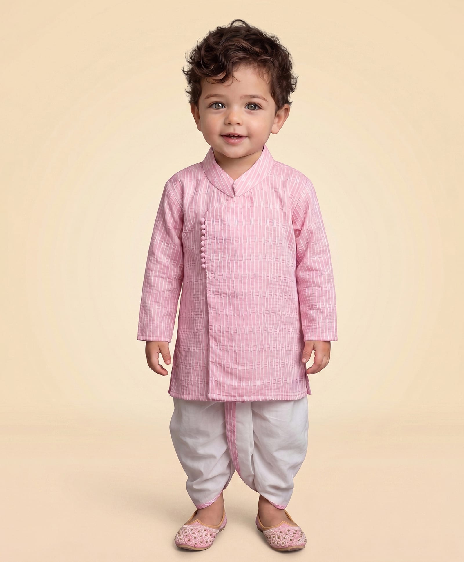 ETHNIKS NEURON Cotton Woven Full Sleeves Striped Dhoti Kurta Set - Pink-image-25