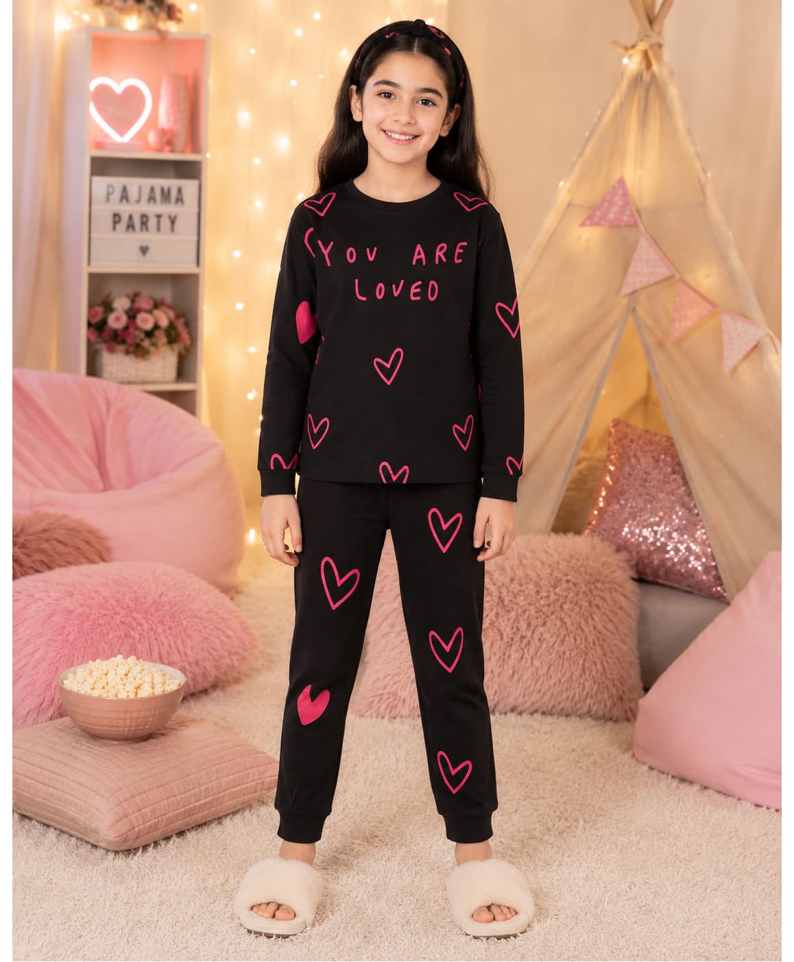 Unicorn Cotton Knit Full Sleeves You Are Loved Printed Coordinating Tee & Pajama Night Suit - Black & Red-image-44
