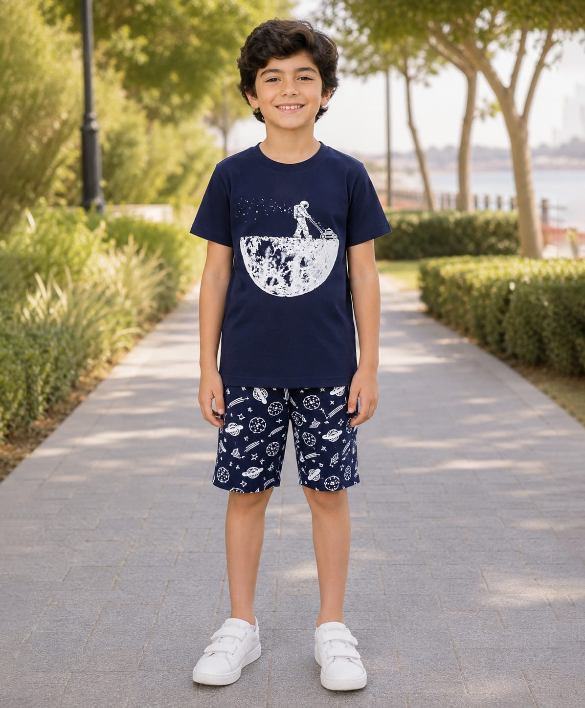 Unicorns Cotton Knit Half Sleeves Space Theme Printed Tee & Shorts Night Suit - Navy Blue-image-43