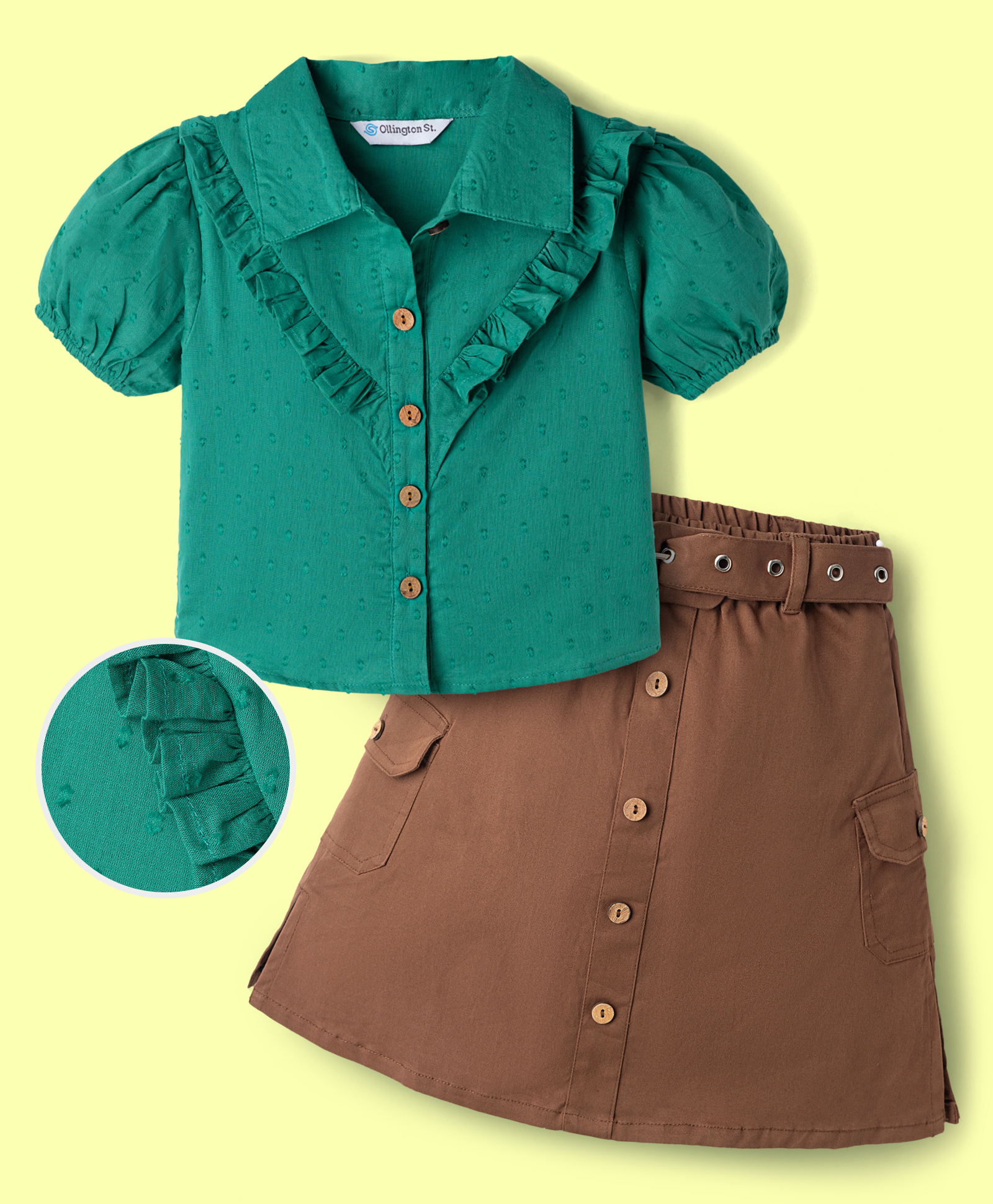 OLLINGTON ST. Cotton Sinker Dobby Woven Solid Colour Shirt Style Top & Lycra Twill Skirt with Belt- Teal & Brown-image-42