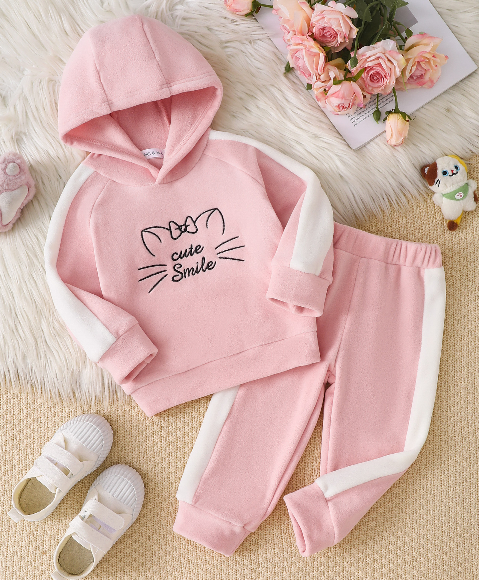 Mark & Mia Full Sleeves Winter Wear Suit With Cute Smile Text & Cat Face Embroidery - Pink-image-34