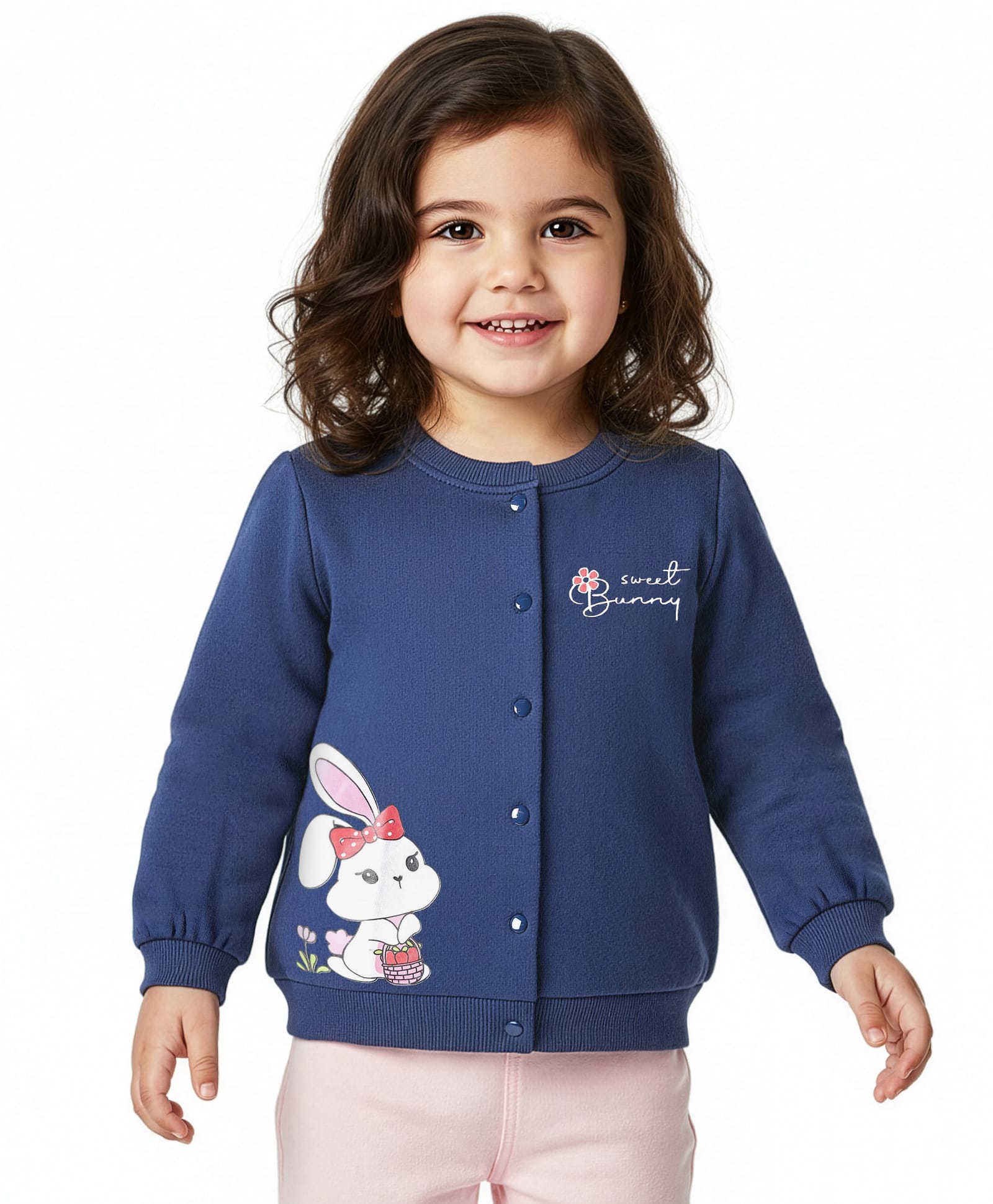Doodle Poodle Looper Knit 100% Cotton Sweatshirt with Full Sleeves and Sweet Bunny & Text Print - Navy Blue-image-3