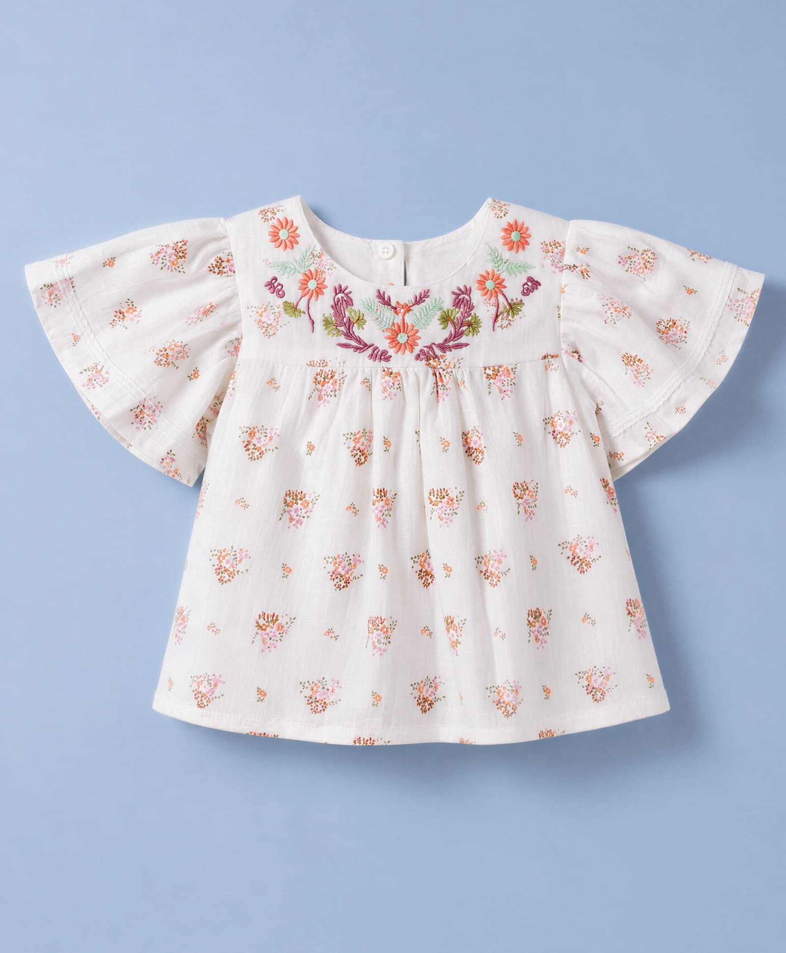 Babyhug Rayon Woven Top with Half Sleeves and Floral Embroidery - Offwhite-image-37