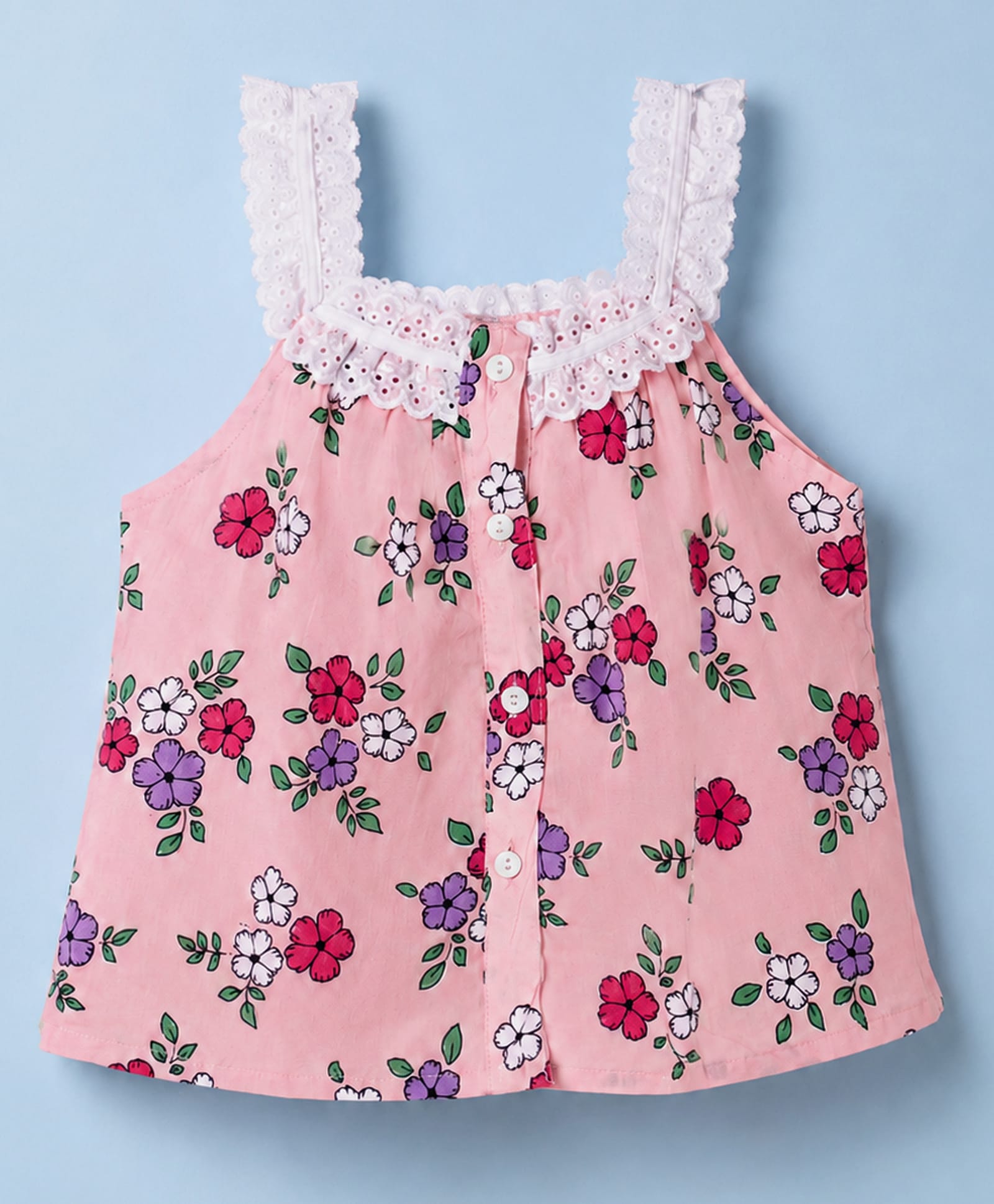 Babyhug Rayon Woven Sleeveless Floral Printed Top with Lace Detailing - Pink-image-4