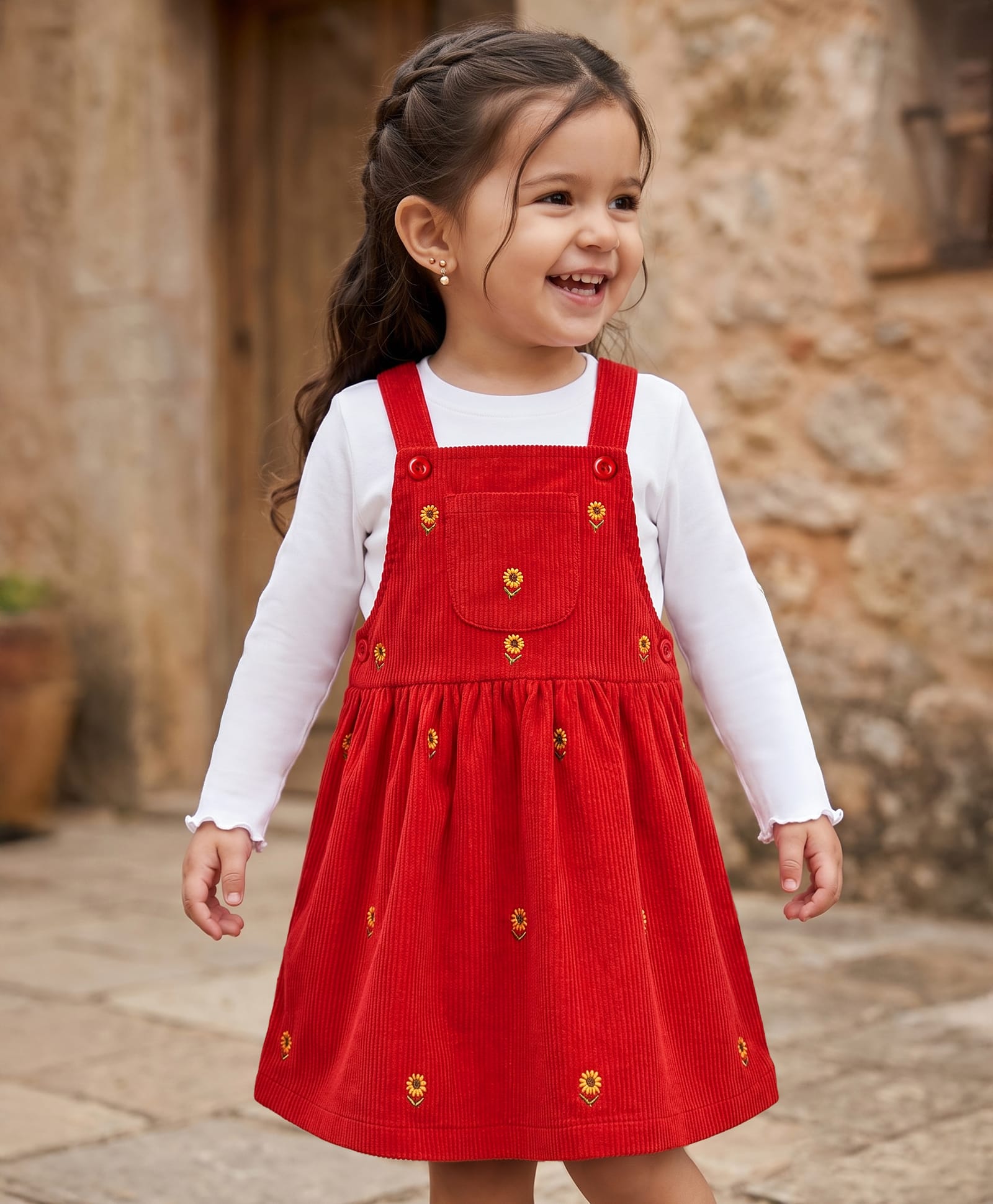 Babyhug Corduroy Woven Full Sleeves T-Shirt With Floral Embroidered Frock - Rust Orange-image-21