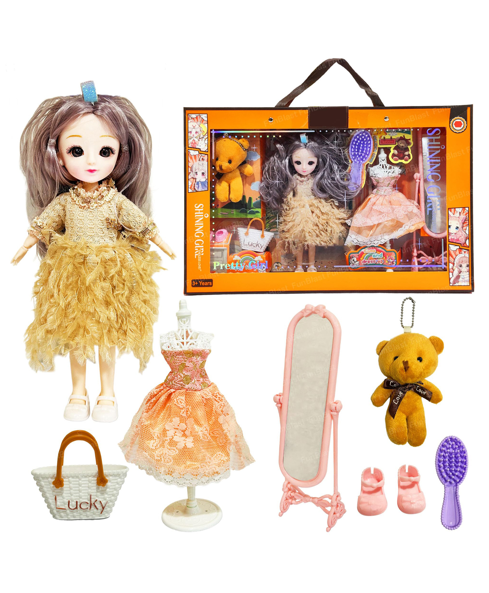 FunBlast Dolls Set with Makeup Accessories - Cute Doll with Dress, Comb, Mirror and Other Accessories, Pretend Play Toys for Girls, Role Play Toys for Girls (Mishka)-picture-2