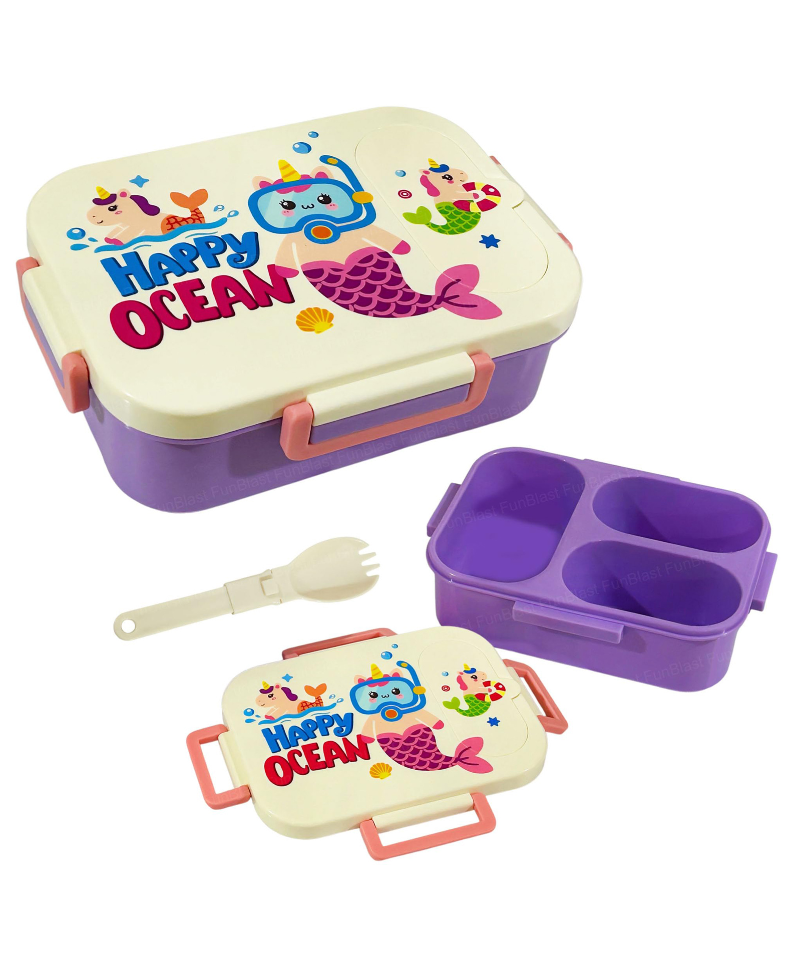 FunBlast Cartoon Print 3 Compartment Lunch Box with Spoon for Kids - Pack of 1 (Multicolor)-image-14