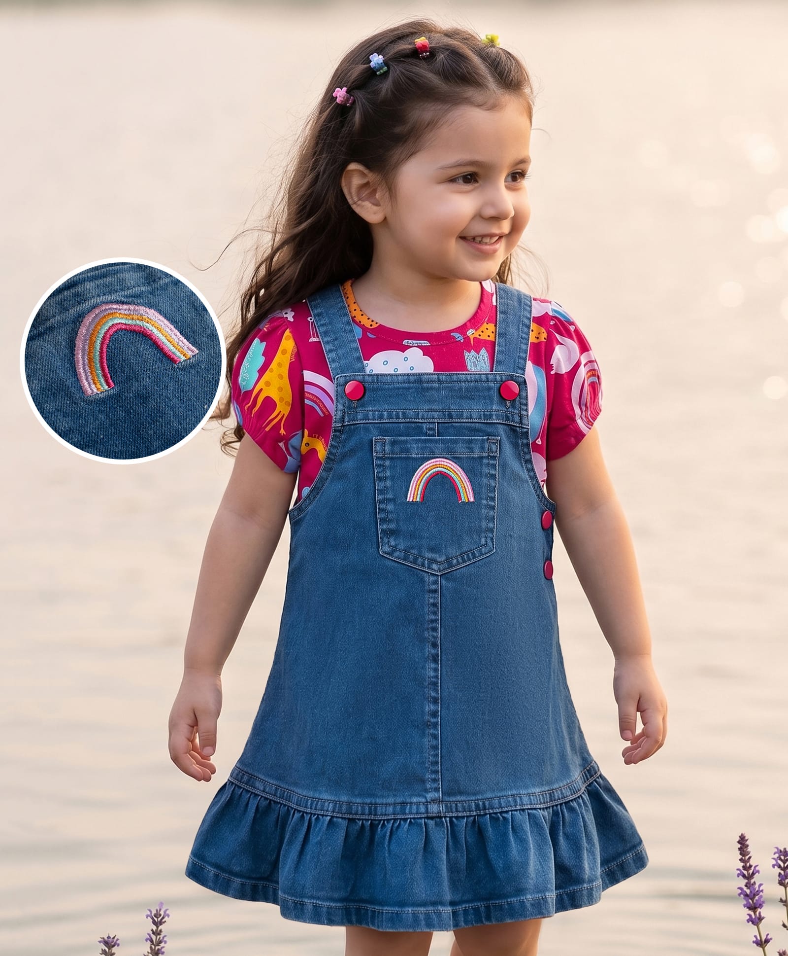 Babyhug Denim Woven Half Sleeves Animal Printed Frock With Inner Tee - Blue-image-23