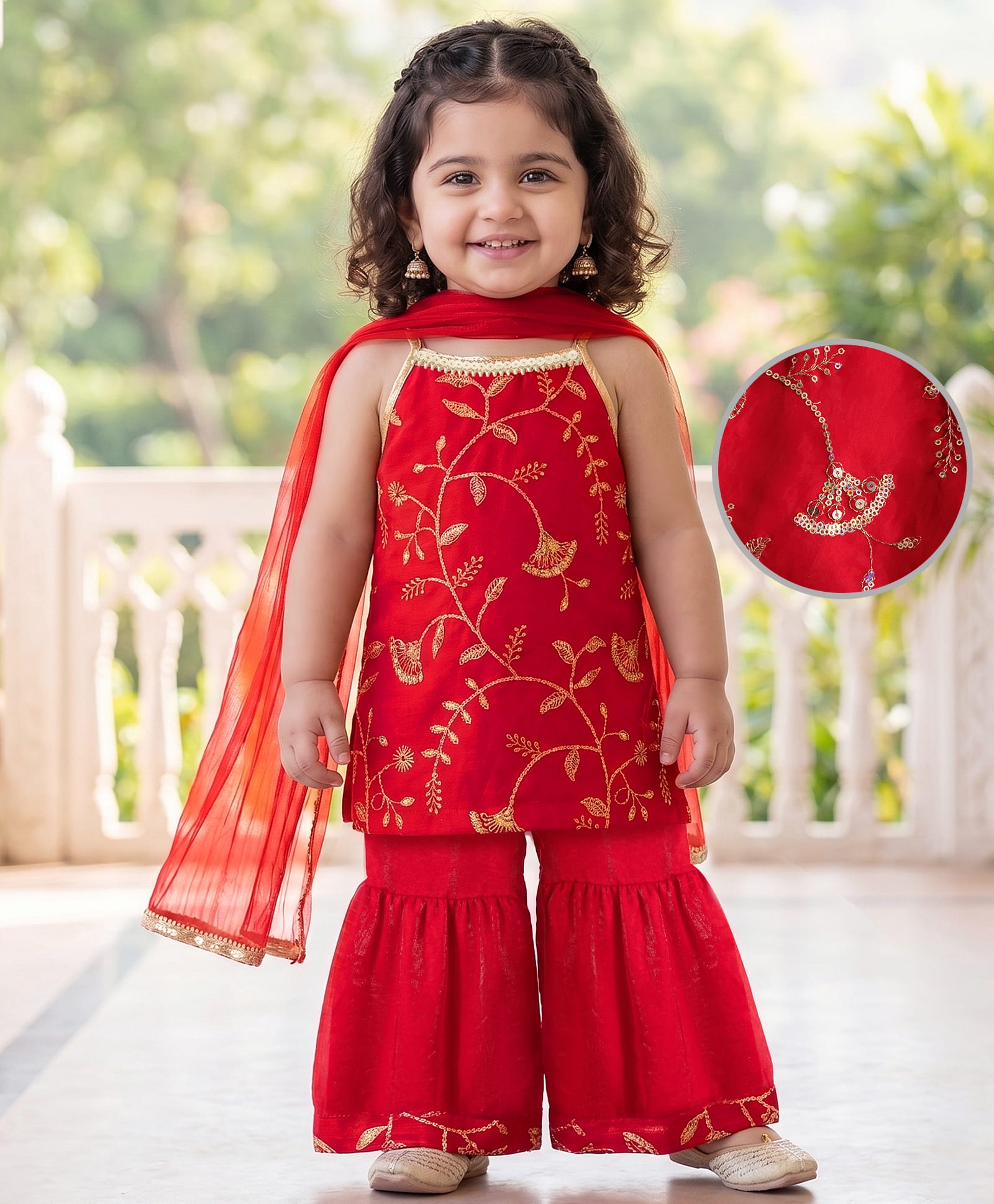 EARTHY TOUCH Georgette Woven Sleeveless Sequinned Kurti Gharara Set with Dupatta - Red-picture-26