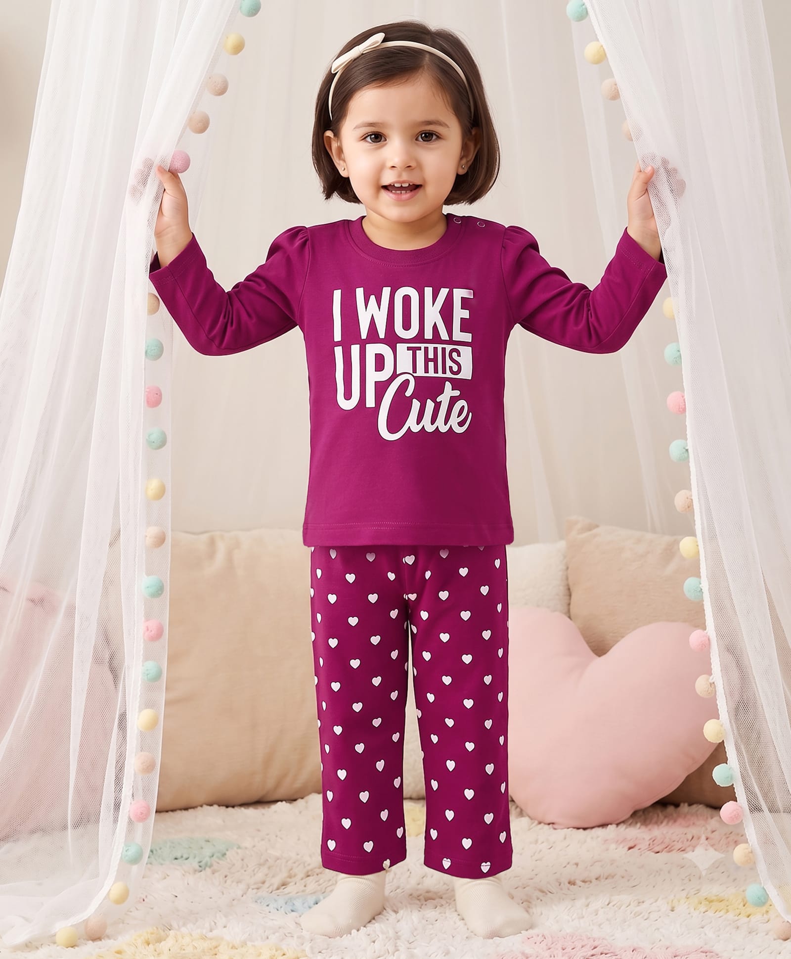 Babyhug Cotton Knit Full Sleeves Text & Heart Printed T-Shirt & Pajama Night Suit - Wine-image-46