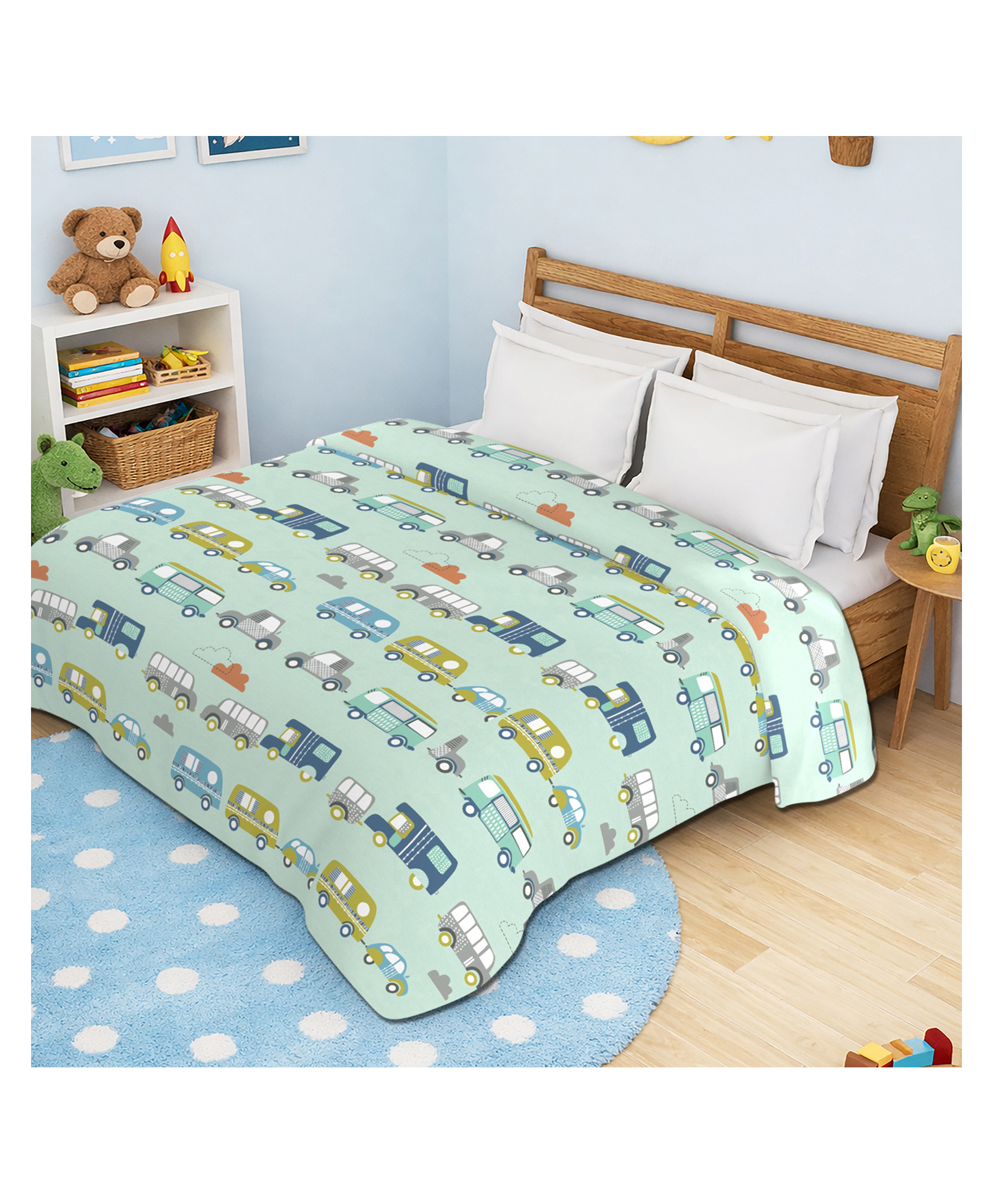 Morado Premium Kids Double Bed Duvet Cover 90x100 Inches | Ultra Soft, Breathable & Durable Quilt/Razai/Blanket Cover with Zipper Closure & Corner Ties, Colorful Buses-picture-3