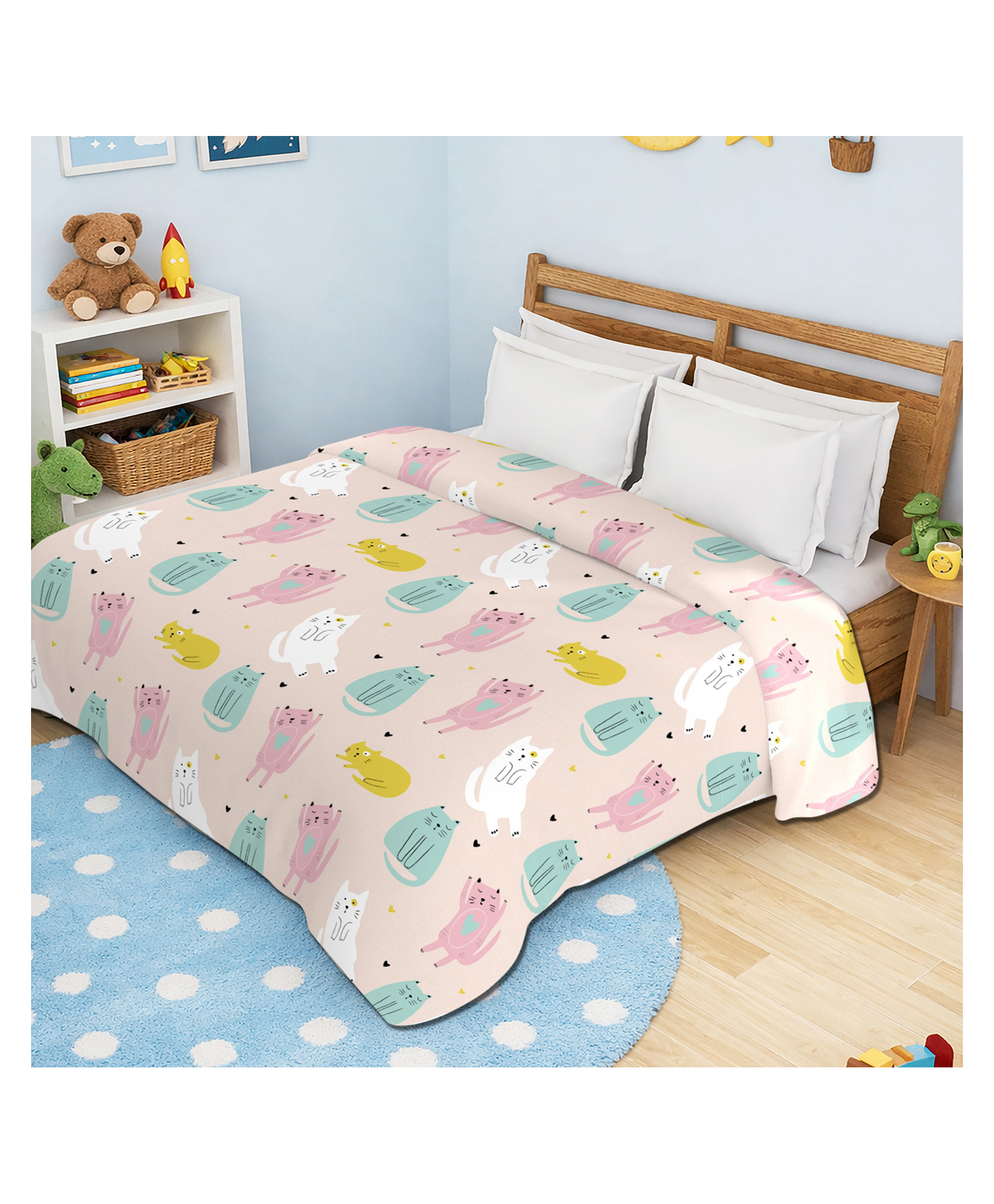 Morado Premium Kids Double Bed Duvet Cover 90x100 Inches | Ultra Soft, Breathable & Durable Quilt/Razai/Blanket Cover with Zipper Closure & Corner Ties, Colorful Cats-image-42