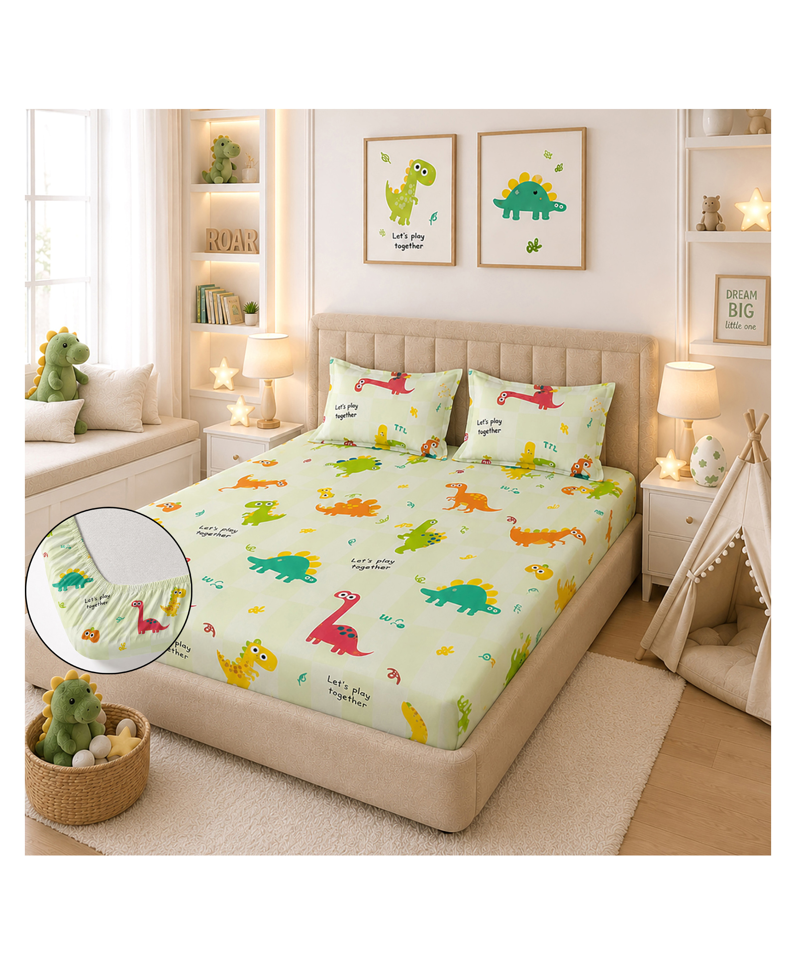 Morado Premium Glace Cotton Elastic Fitted Double Bedsheet for Double Bed | 72x78x8 Inches | with 2 Pillow Covers | Ultra Soft, Breathable & Skin Friendly | Cute Little Dino Print-image-45
