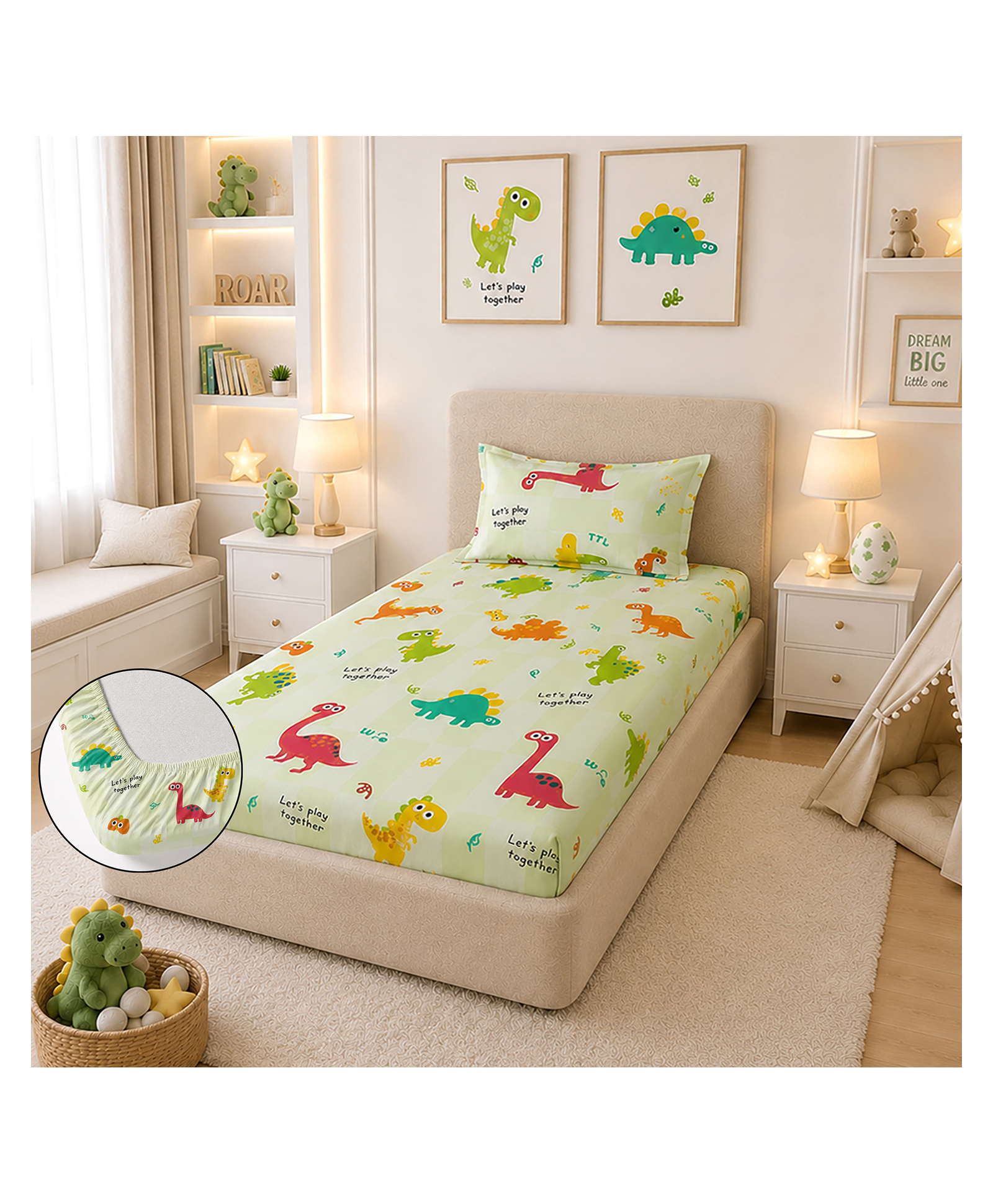 Morado Premium Glace Cotton Elastic Fitted Single Bedsheet for Kids with 1 Pillow Cover | Soft, Breathable & Skin Friendly | Cute Little Dino Print | 36x72x8 Inches-image-49