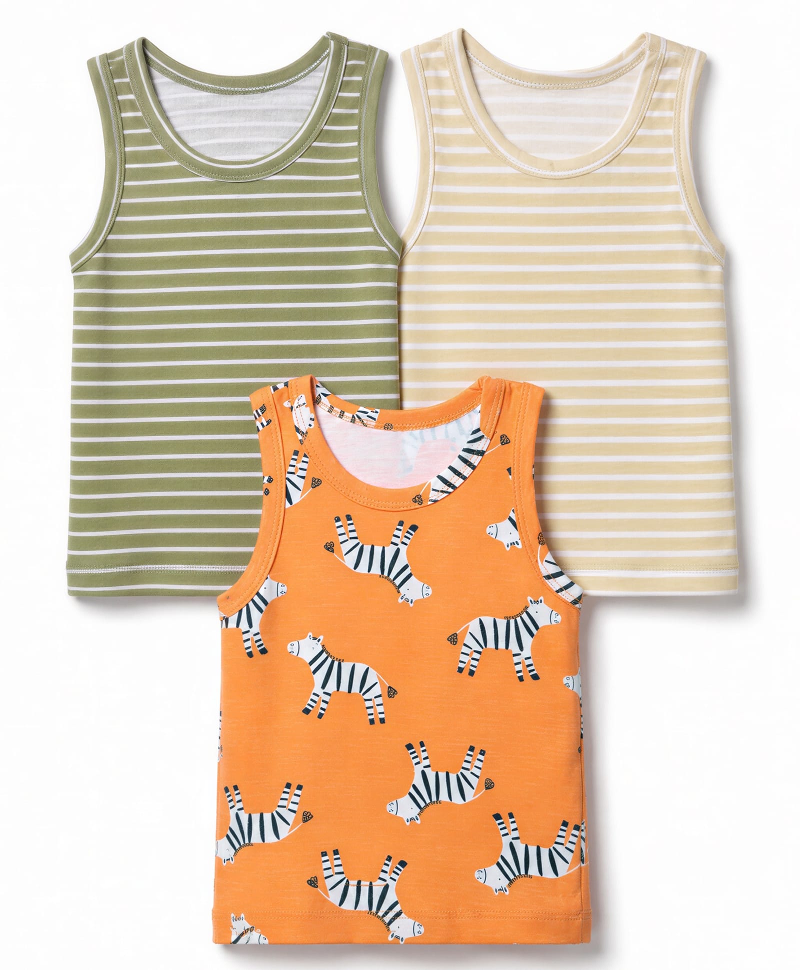 Babyhug 100% Cotton Knit Striped Sleeveless Vests With Zebra Print Pack of 3 - Yellow, Green & Orange-picture-10