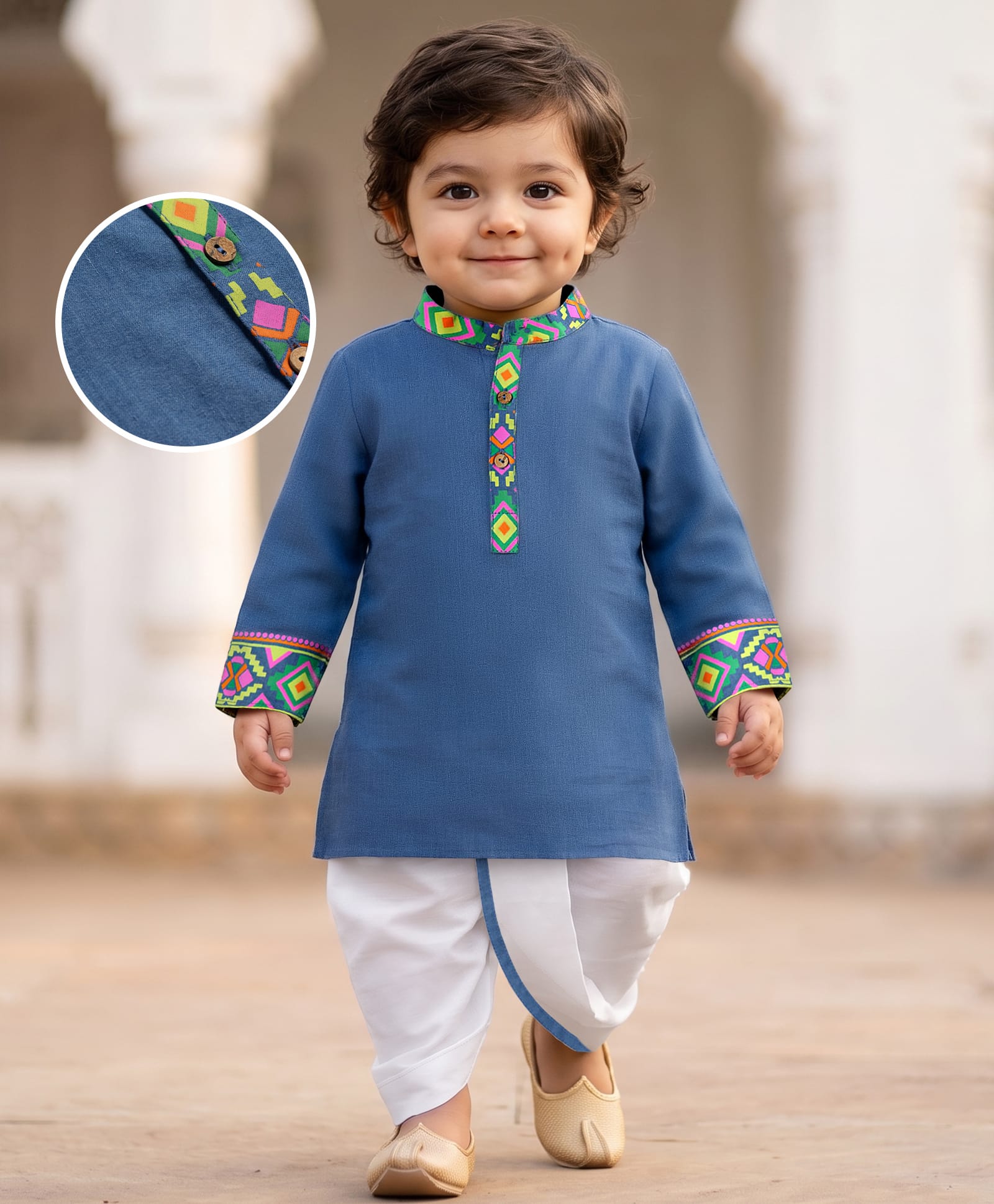 EARTHY TOUCH Chambray Woven Washed Full Sleeves Printed Yoke Kurta Dhoti Set - Blue-image-3