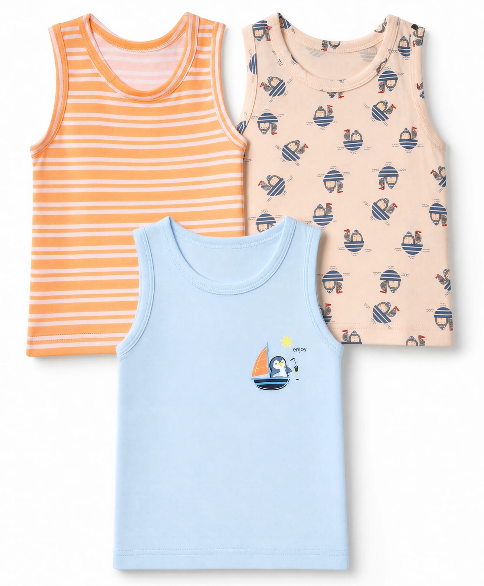 Babyhug 100% Cotton Knit Striped Sleeveless Vests With Boat Print Pack of 3 - Light Blue, Peach & Orange-picture-25