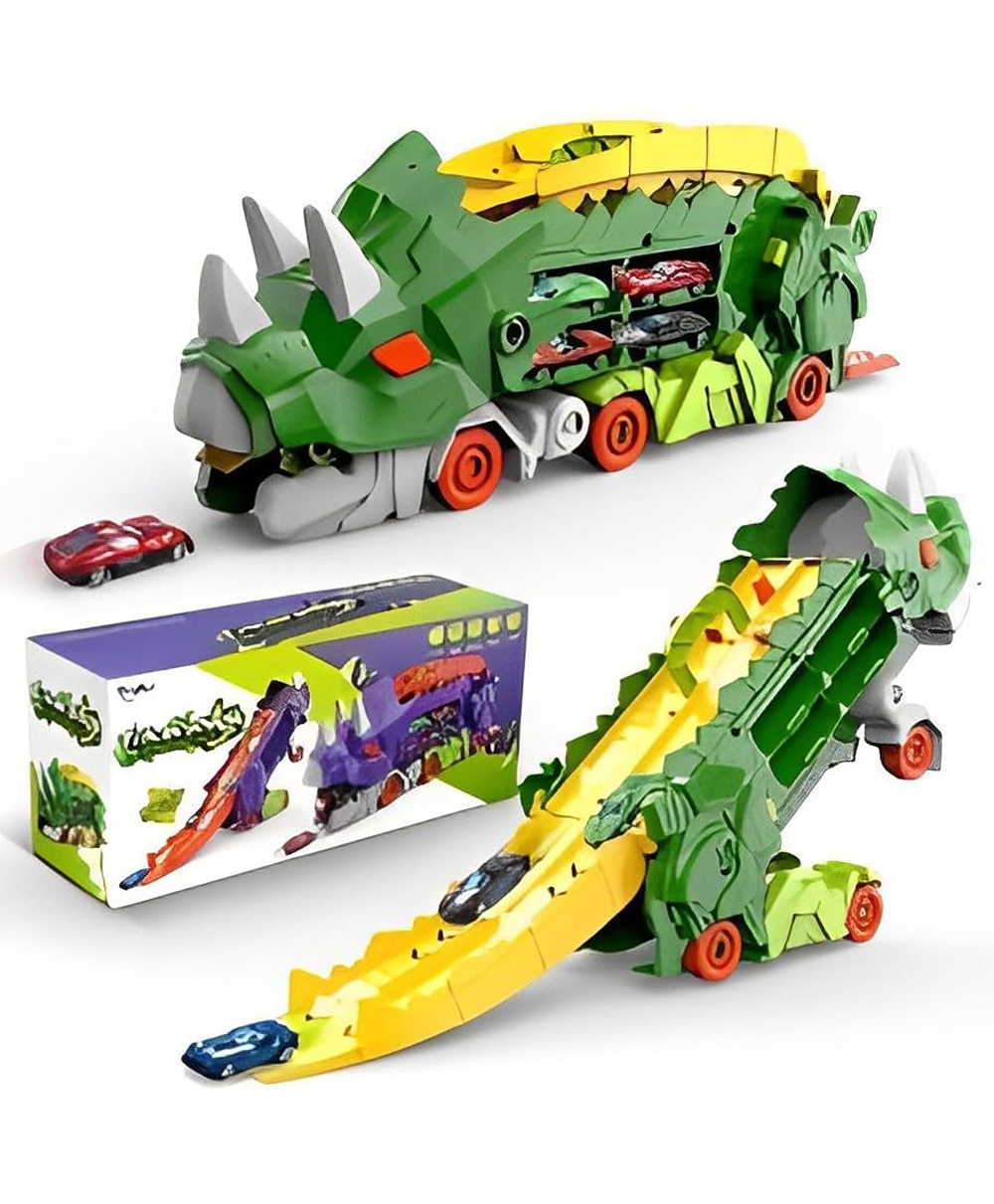 Happy Hues Dinosaur Storage Truck Toy-with Foldable Sliding 25-Inch Race Track and 2 Cars Transformable Into Standing Dinosaur- Green-picture-12