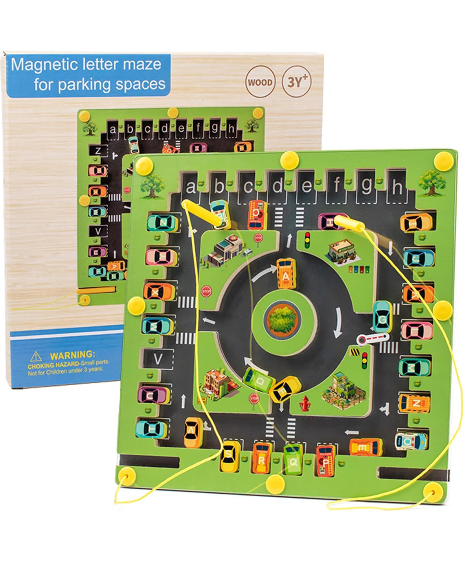 Happy Hues Wooden Magnetic Alphabet & Car Parking Space Board Maze Toy - Drive, Match & Learn the ABCs in a Fun Interactive Parking Lot- Multicolor-image-26
