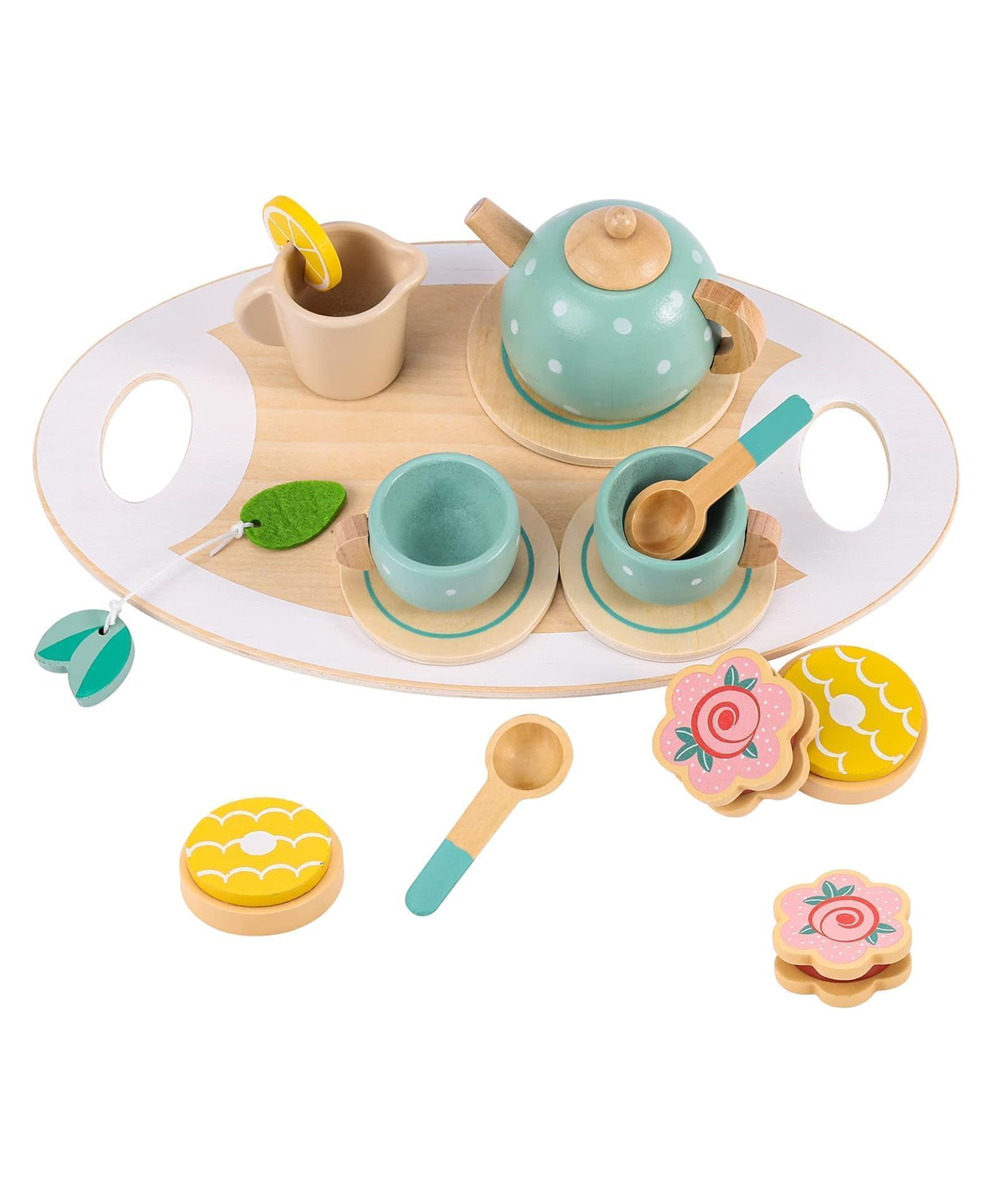 Happy Hues Wooden Tea Party Set-Pastel mint polka dot playset with a tray, teapot & treats for kids- Pretend Play Set-image-12
