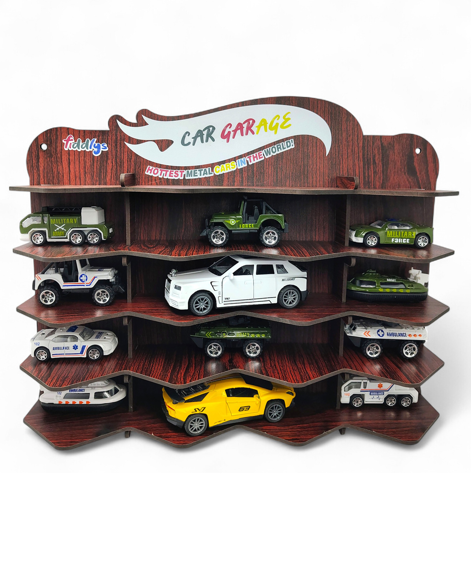 Fiddlys Wooden Toy Car Display Shelf | Car Garage Organizer for 15 Cars | Premium Wood Finish Desktop or Wall Rack for Kids | Ideal Storage for Hot Wheels & Mini Cars (Car Desktop-Brown)-image-23