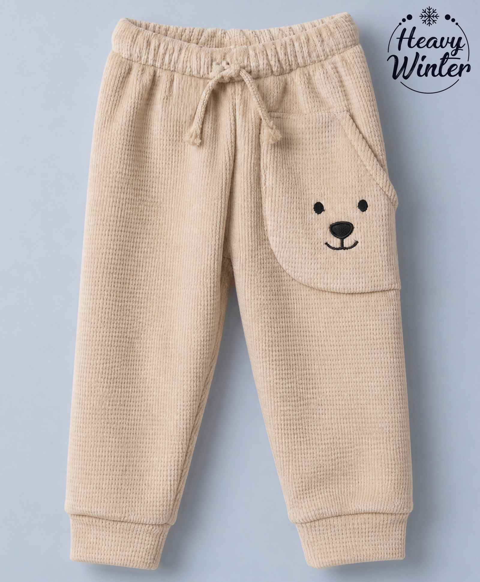 Babyhug Knit Full Length Fleece and Woollen Bottomwear with Bear Embroidery - Ivory