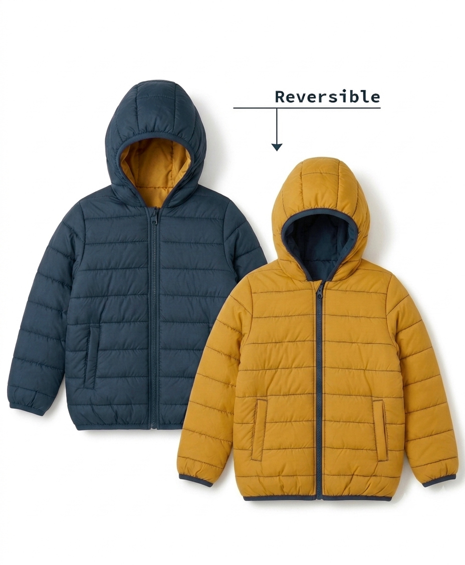 Babyhug Woven Full Sleeves Reversible Jackets with Hood - Navy & Mustard-image-2