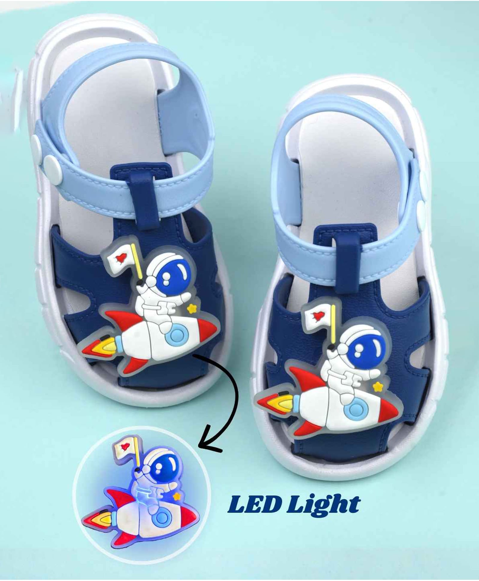Yellow Bee Astronaut Applique Detailed Button Closure LED Sandals - Navy Blue-image-2