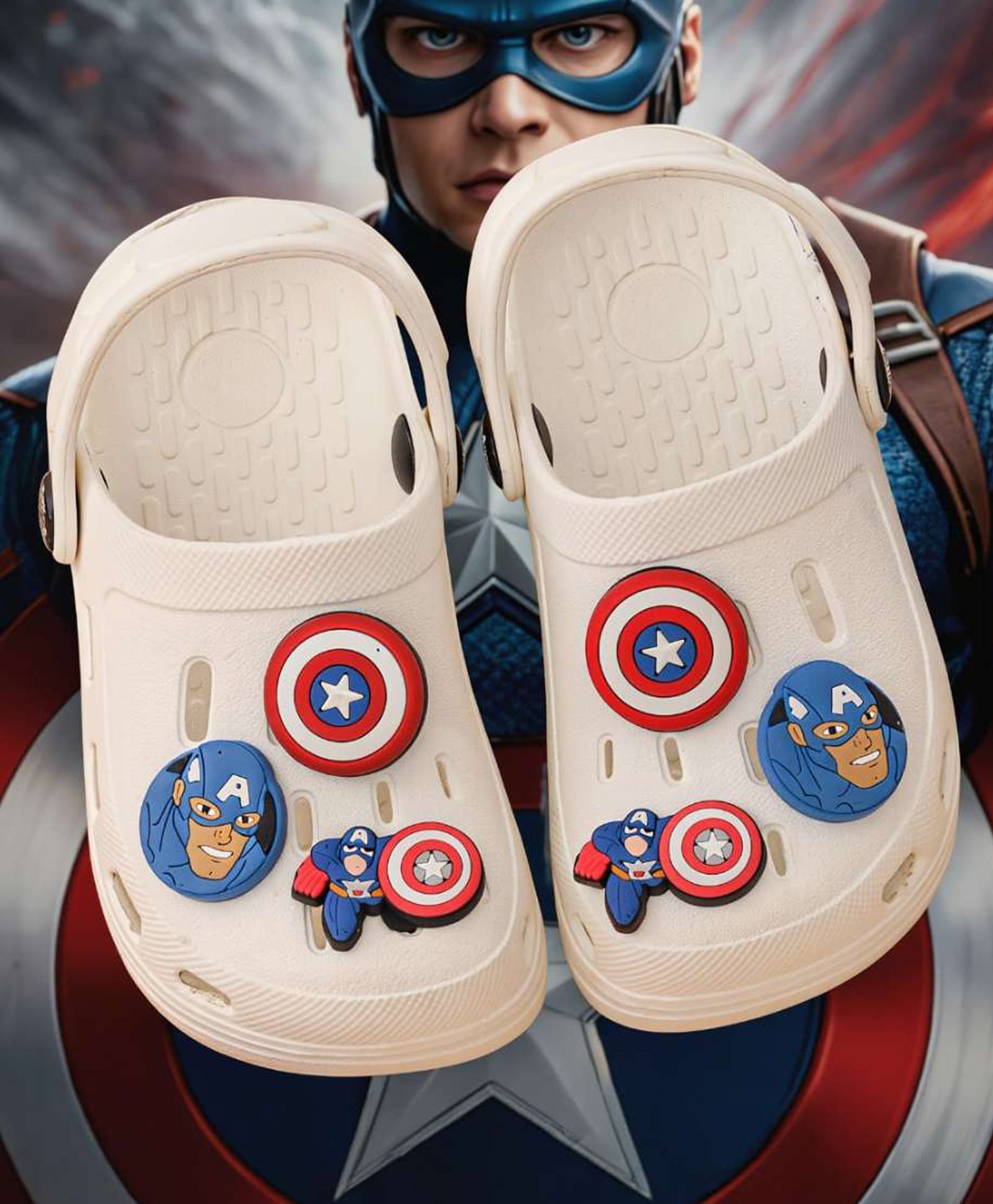 Yellow Bee Marvel Featuring Captain America Applique Detailed Perforated Slingback Clogs - White-picture-25