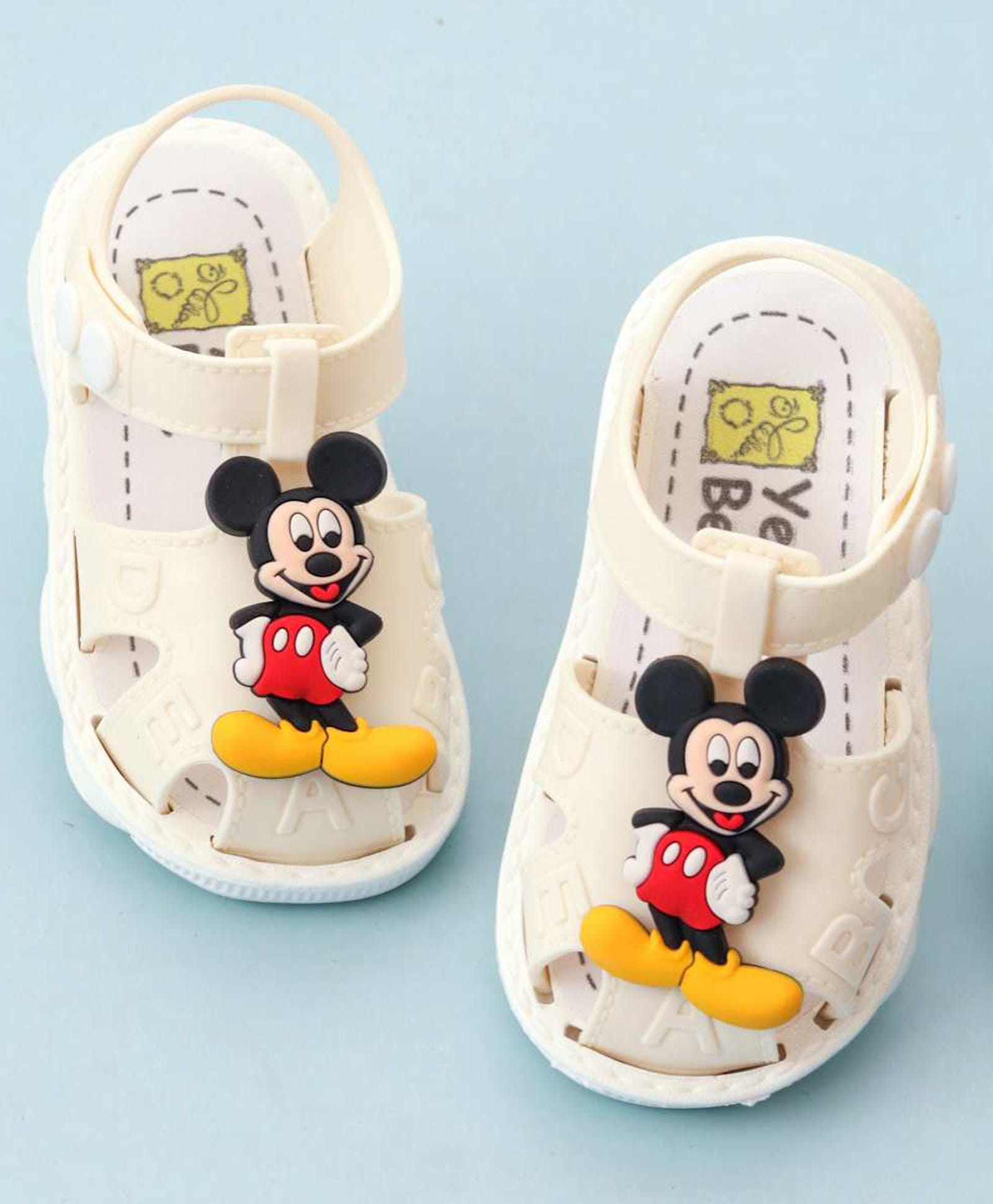 yellow bee disney featuring mickey mouse applique detailed button closure sandals - beige